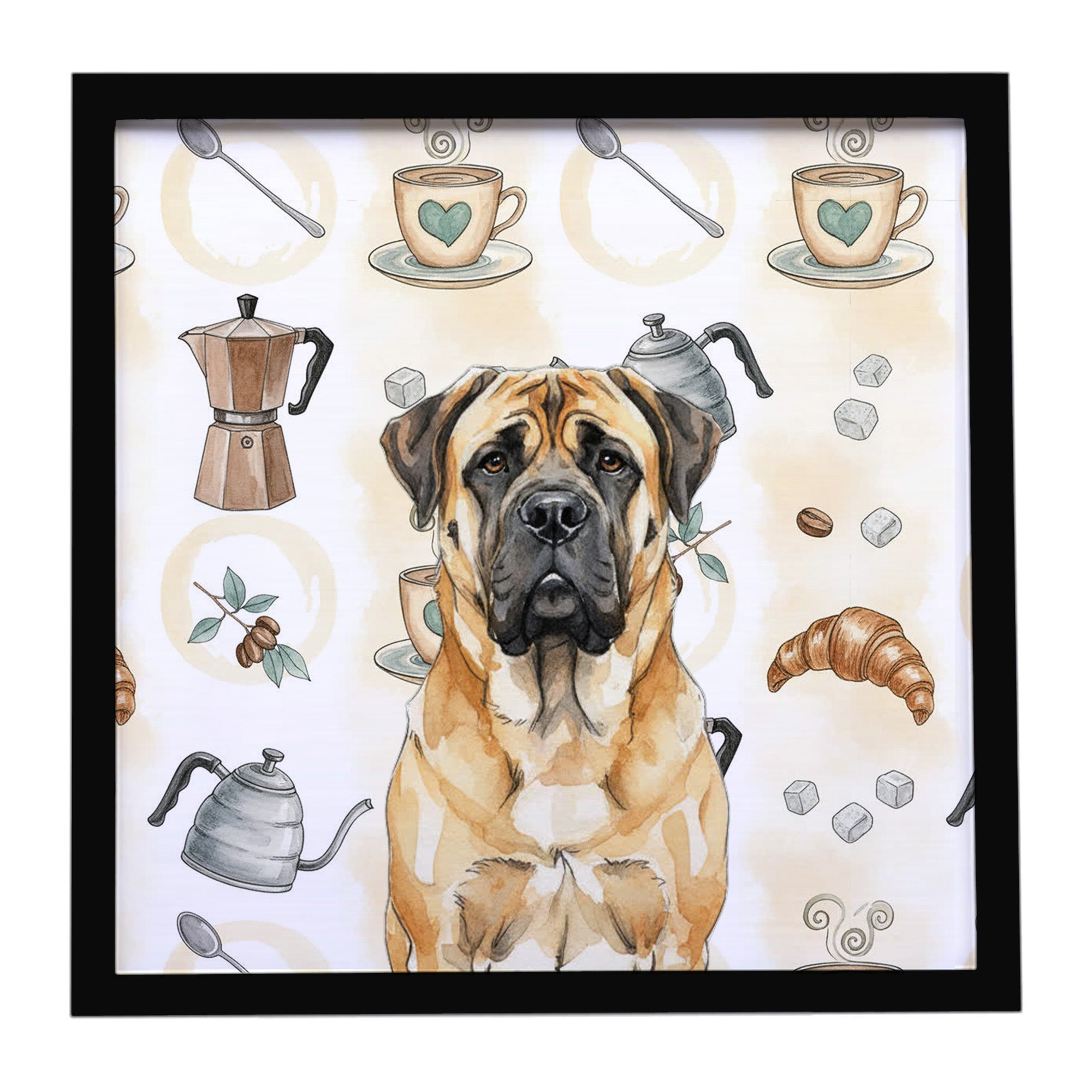 Fawn Mastiff Coffee Bar Framed Metal Print Bathroom, Kitchen, Office, Home Decor Wall Art Ready to Hang, Square, 8X8
