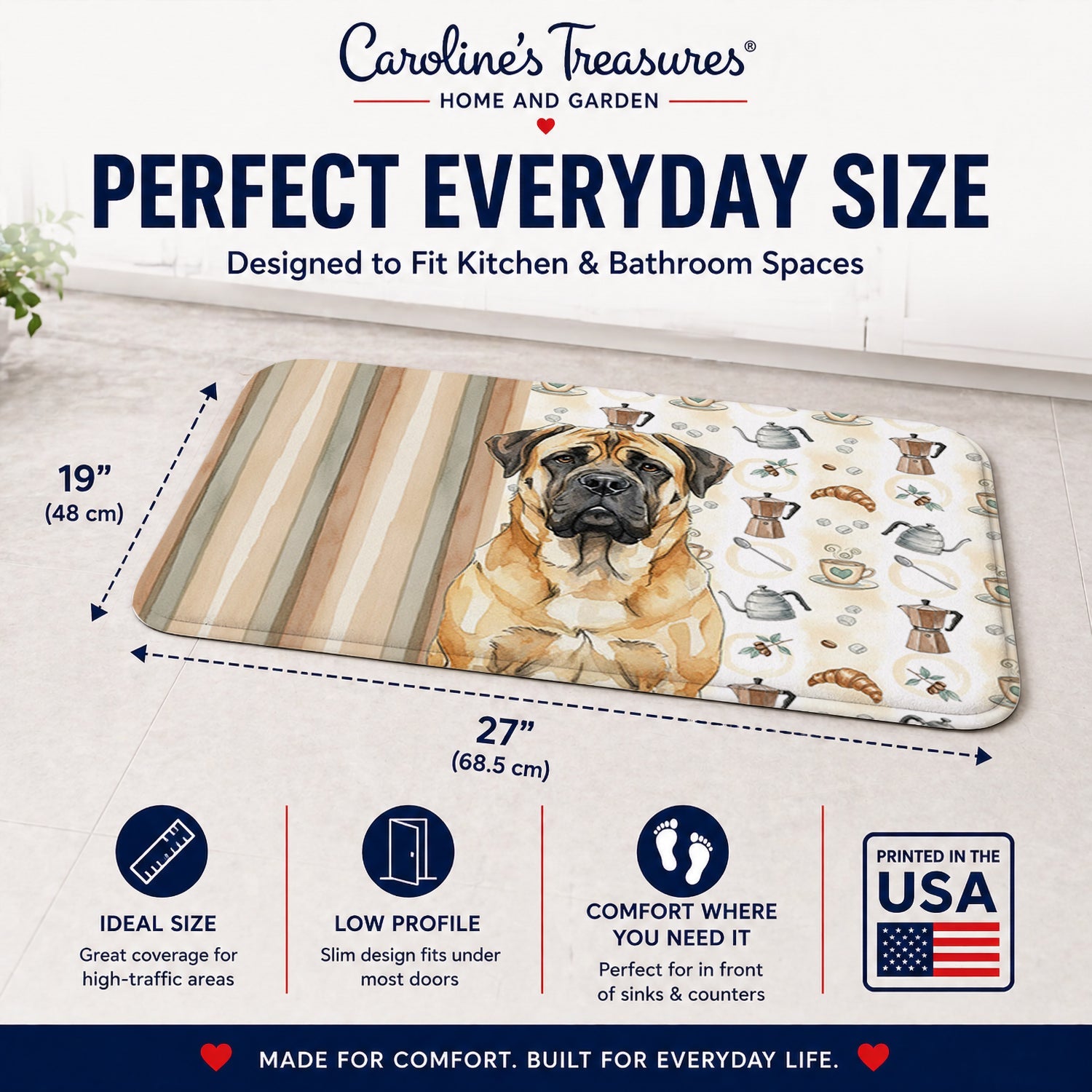Fawn Mastiff Coffee Bar Memory Foam Kitchen Mat Machine Washable Anti-Fatigue Cushion Comfort Bath or Kitchen Rug