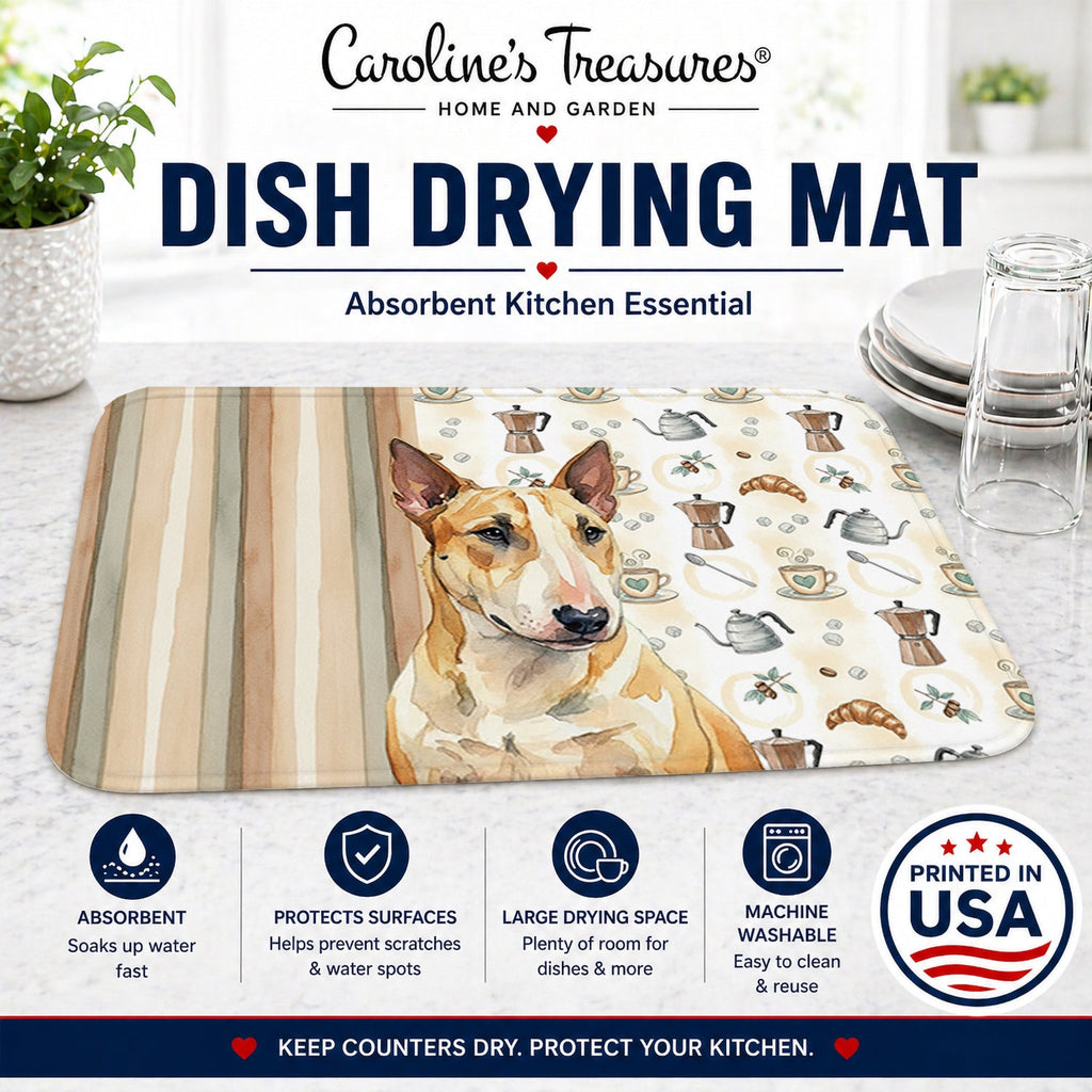 Miniature Bull Terrier Coffee Bar Dish Drying Mat Absorbent Dish Drying Mat Pad for Kitchen Counter Dish Drainer Mat for Countertop, 14 x 21", Multicolor