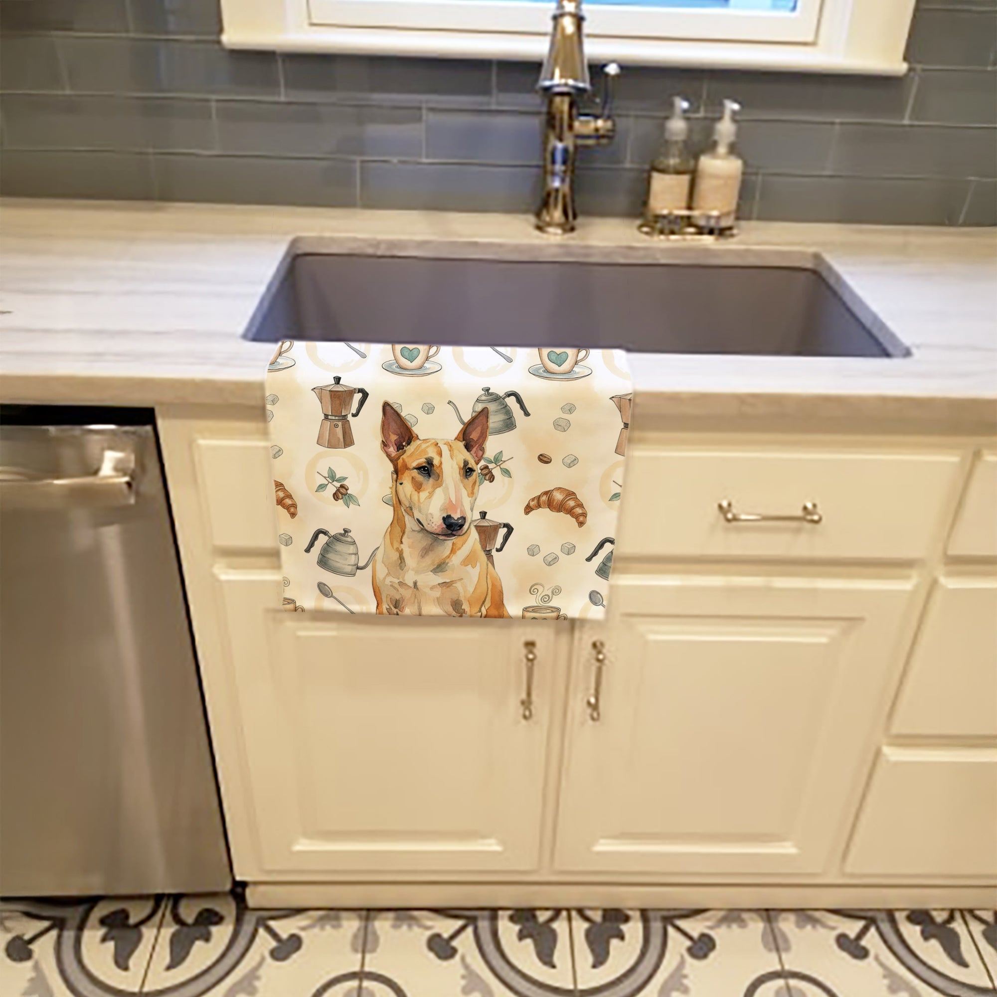 Miniature Bull Terrier Coffee Bar Kitchen Towel Velour Plush Front and Cotton Loop Back Machine Washable