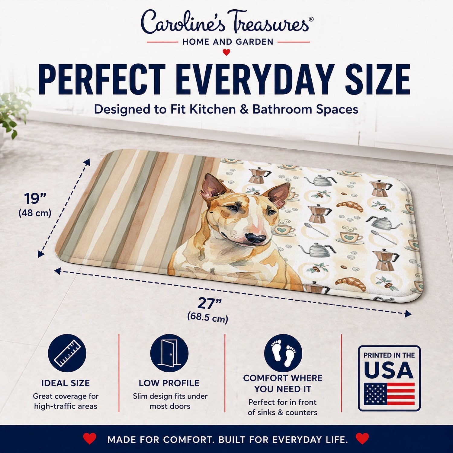 Miniature Bull Terrier Coffee Bar Memory Foam Kitchen Mat Machine Washable Anti-Fatigue Cushion Comfort Bath or Kitchen Rug