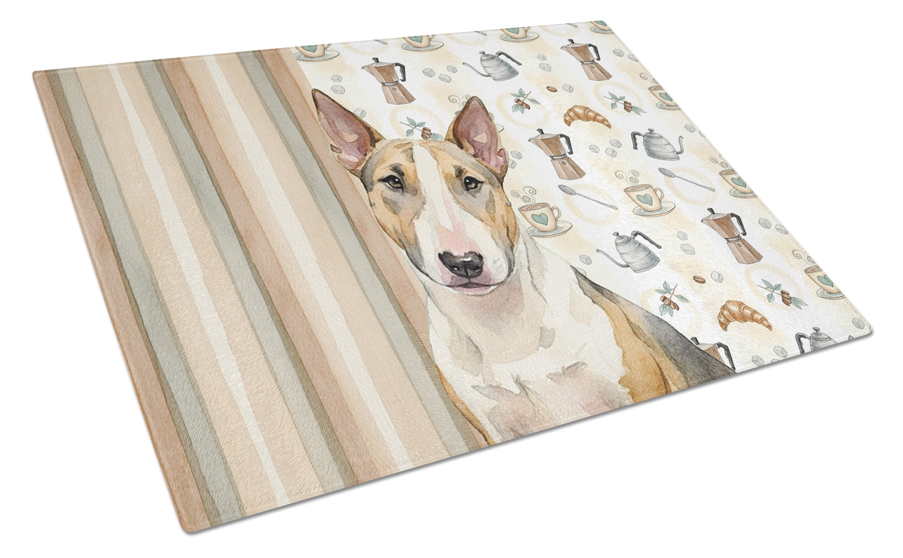 Tricolor Miniature Bull Terrier Coffee Bar Cutting Board Tempered Glass Kitchen Cutting Surface, Heat Resistant Chopping, Non-Slip Feet, Food Prep & Serving
