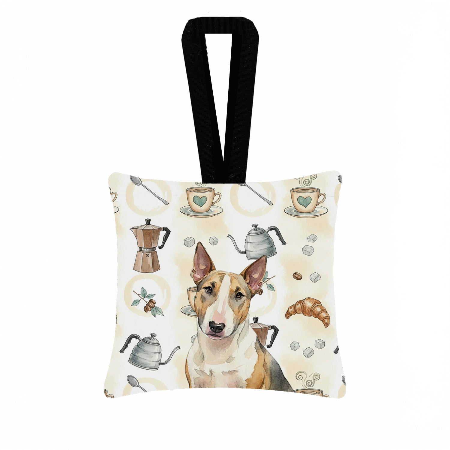 Tricolor Miniature Bull Terrier Coffee Bar Hanging Square Fabric Ornament 3.5 � 3.5 Decorative Door-Knob & Tree Hanger, Soft Fabric