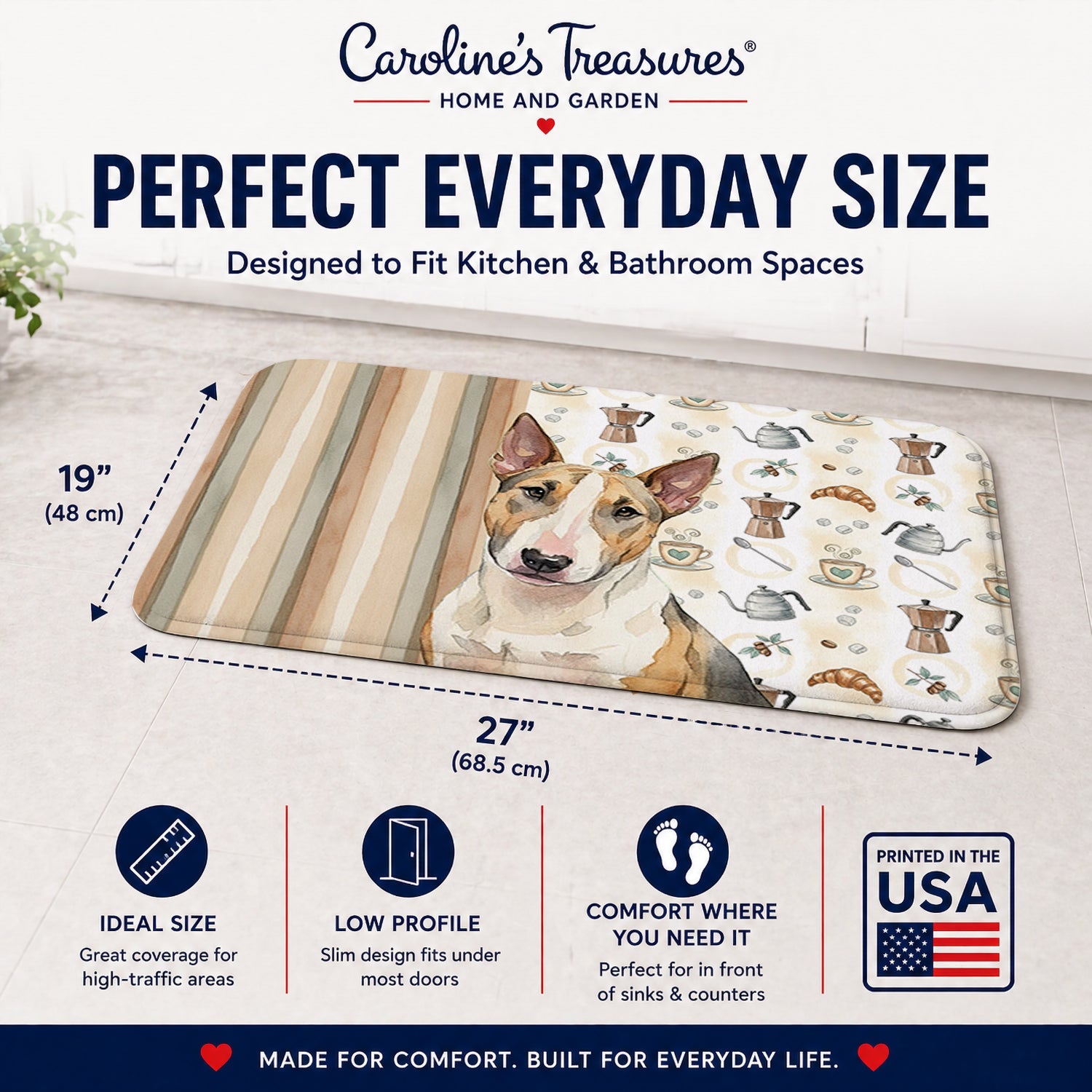 Tricolor Miniature Bull Terrier Coffee Bar Memory Foam Kitchen Mat Machine Washable Anti-Fatigue Cushion Comfort Bath or Kitchen Rug