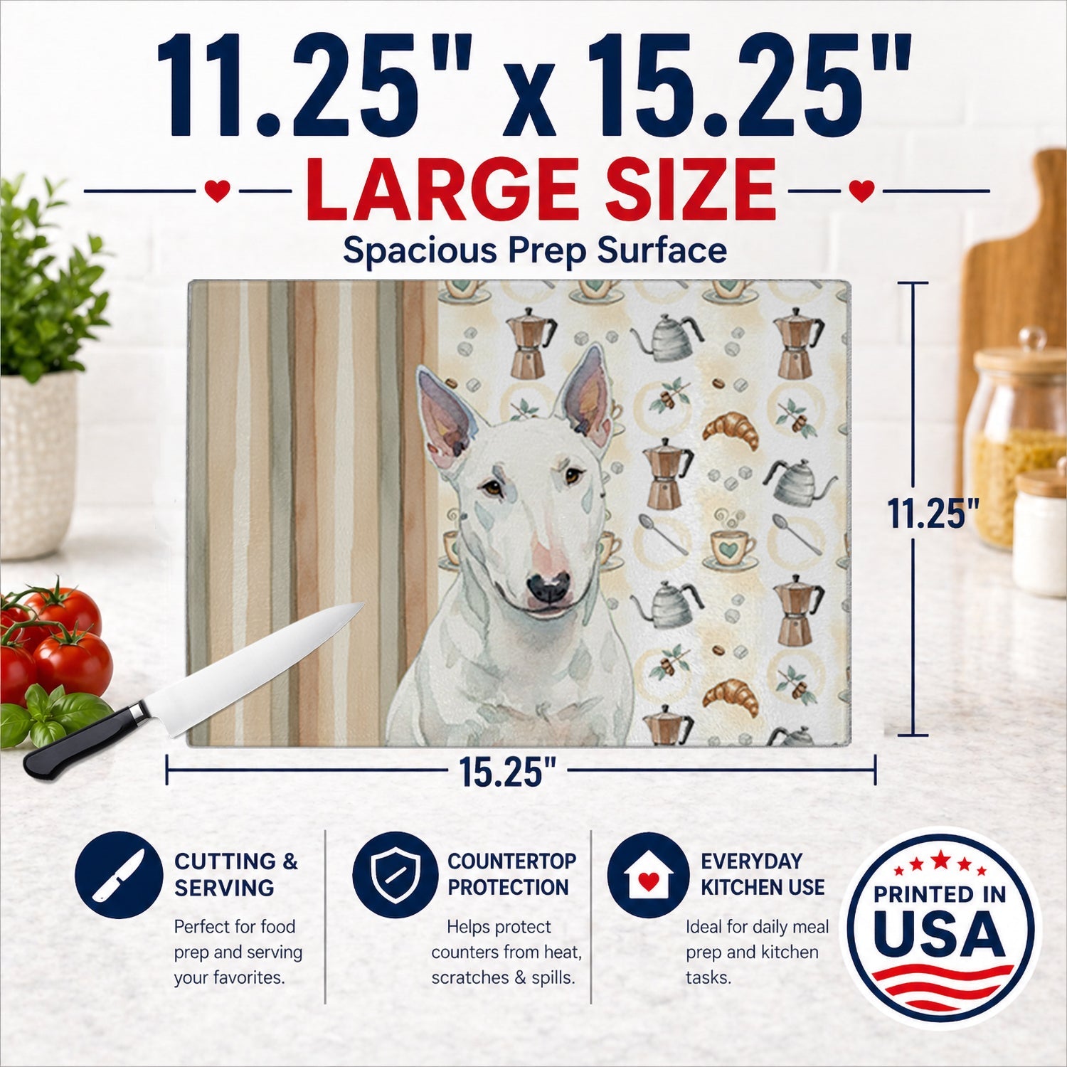 White Miniature Bull Terrier Coffee Bar Cutting Board Tempered Glass Kitchen Cutting Surface, Heat Resistant Chopping, Non-Slip Feet, Food Prep & Serving