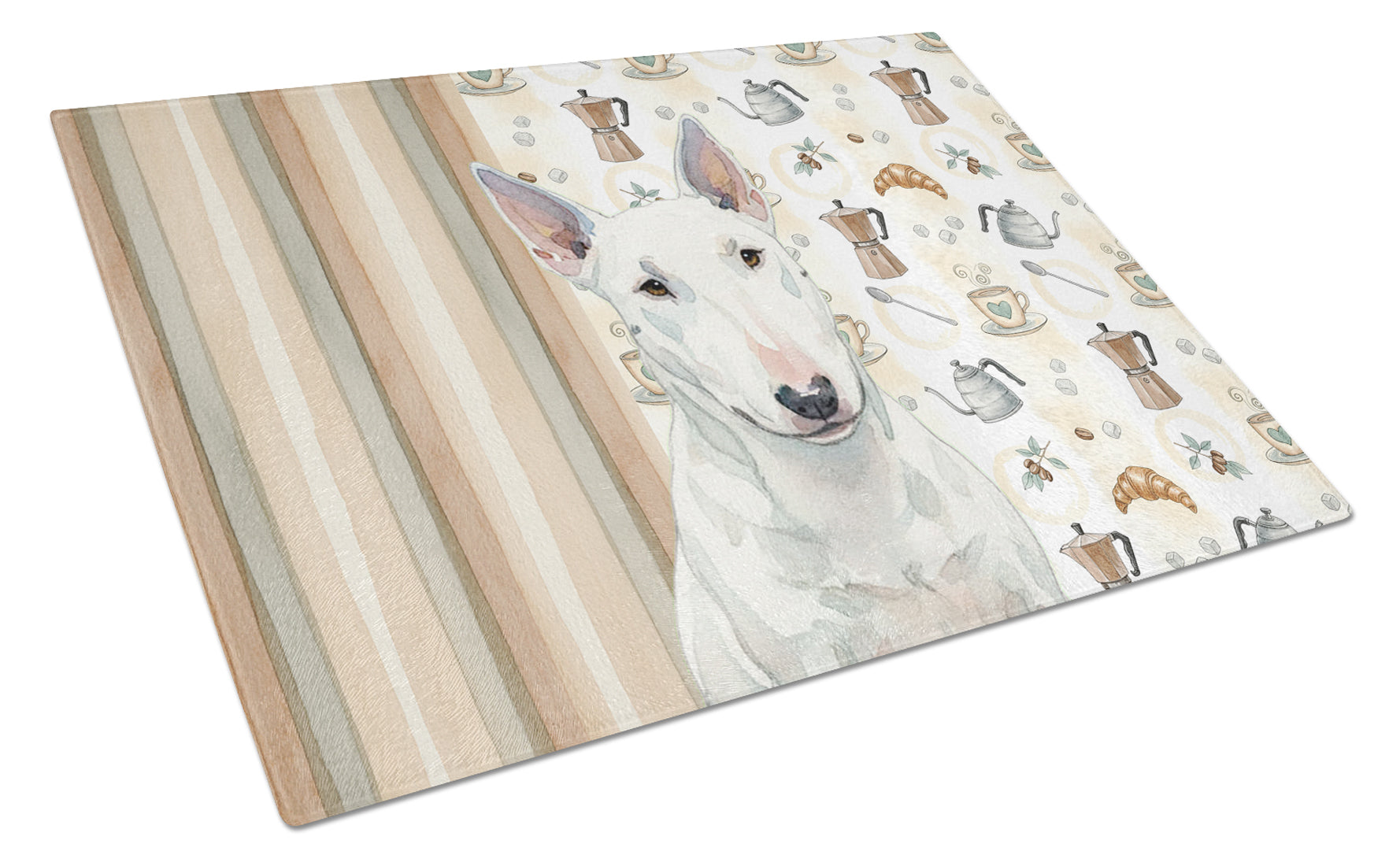 White Miniature Bull Terrier Coffee Bar Cutting Board Tempered Glass Kitchen Cutting Surface, Heat Resistant Chopping, Non-Slip Feet, Food Prep & Serving
