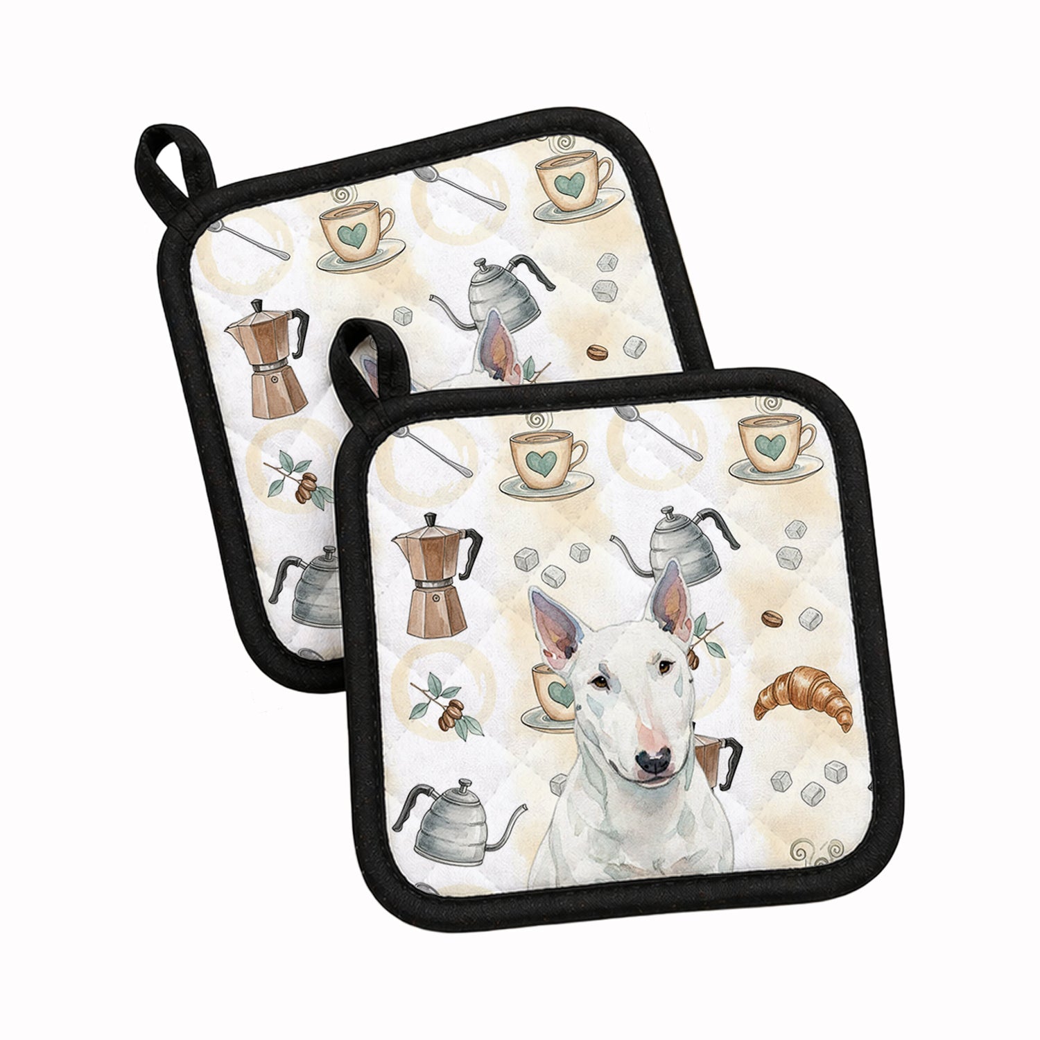 White Miniature Bull Terrier Coffee Bar Pot Holder Set of 2 Heat Resistant Quilted Hot Pads 7.5 x 7.5 Inch, Insulated Kitchen Trivets for Cooking & Baking