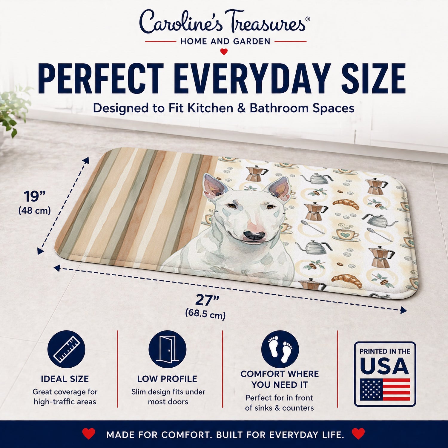 White Miniature Bull Terrier Coffee Bar Memory Foam Kitchen Mat Machine Washable Anti-Fatigue Cushion Comfort Bath or Kitchen Rug