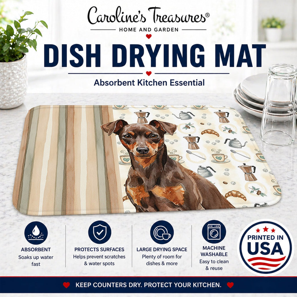 Chocolate and Rust Miniature Pinscher Min Pin Coffee Bar Dish Drying Mat Absorbent Dish Drying Mat Pad for Kitchen Counter Dish Drainer Mat for Countertop, 14 x 21", Multicolor