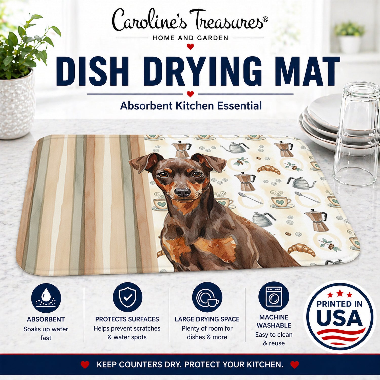 Chocolate and Rust Miniature Pinscher Min Pin Coffee Bar Dish Drying Mat Absorbent Dish Drying Mat Pad for Kitchen Counter Dish Drainer Mat for Countertop, 14 x 21", Multicolor