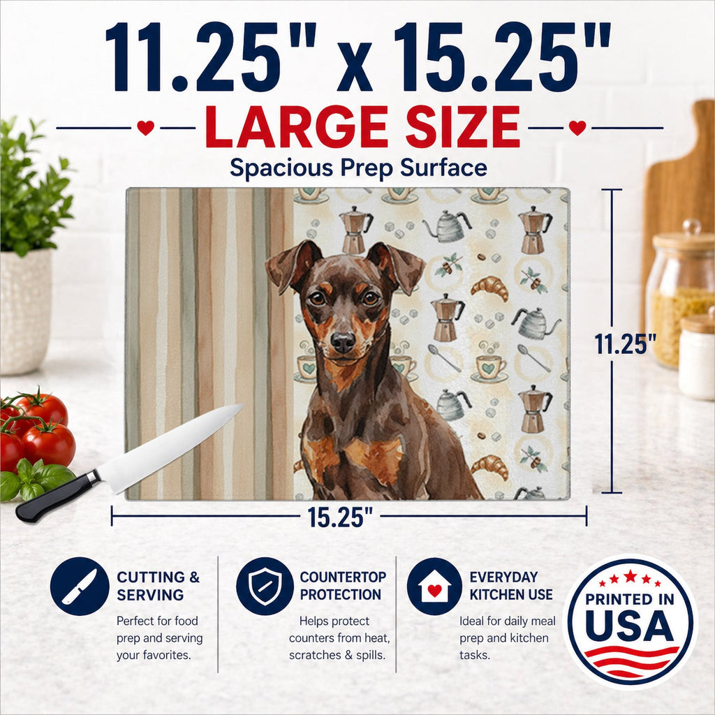 Chocolate and Rust Miniature Pinscher Min Pin Coffee Bar Cutting Board Tempered Glass Kitchen Cutting Surface, Heat Resistant Chopping, Non-Slip Feet, Food Prep & Serving