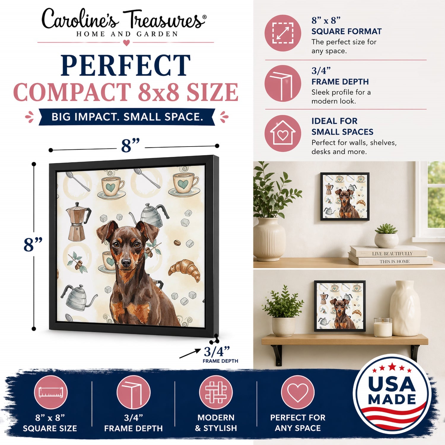 Chocolate and Rust Miniature Pinscher Min Pin Coffee Bar Framed Metal Print Bathroom, Kitchen, Office, Home Decor Wall Art Ready to Hang, Square, 8X8