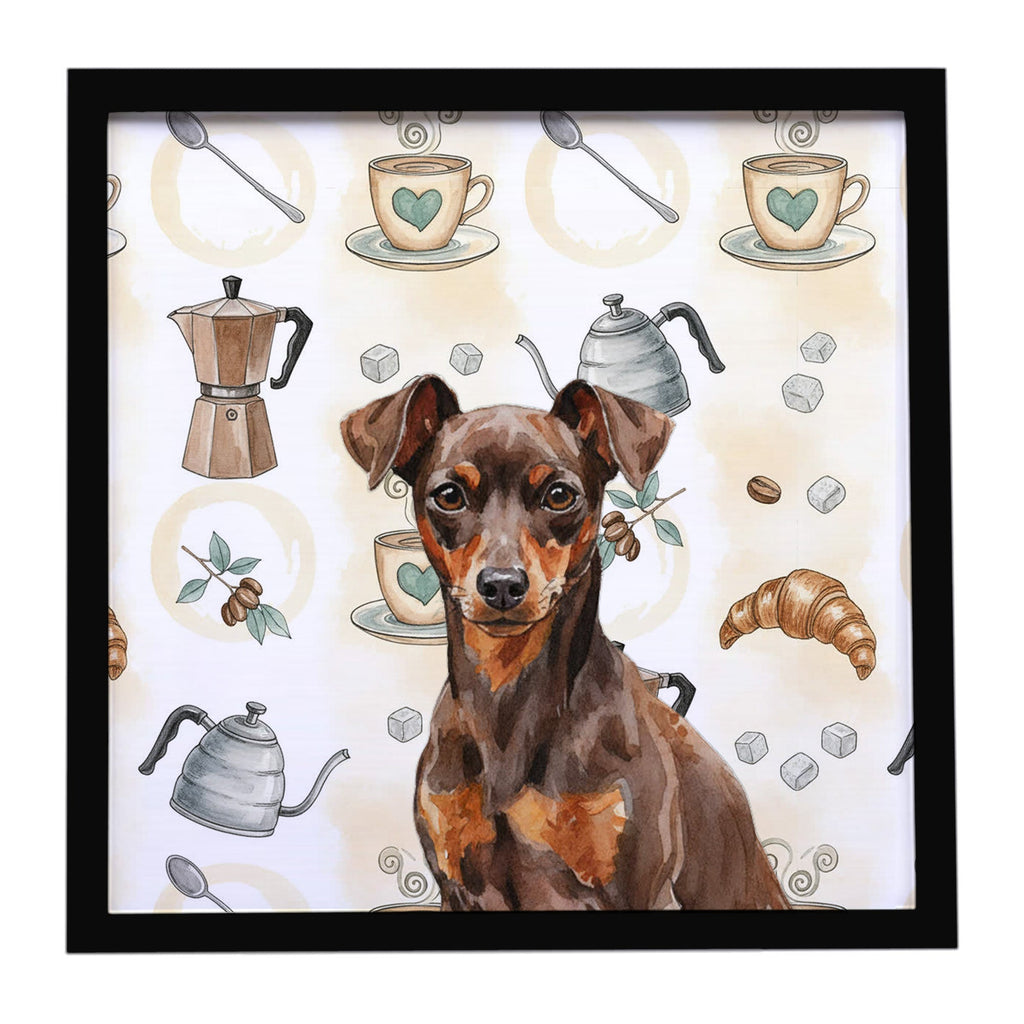 Chocolate and Rust Miniature Pinscher Min Pin Coffee Bar Framed Metal Print Bathroom, Kitchen, Office, Home Decor Wall Art Ready to Hang, Square, 8X8