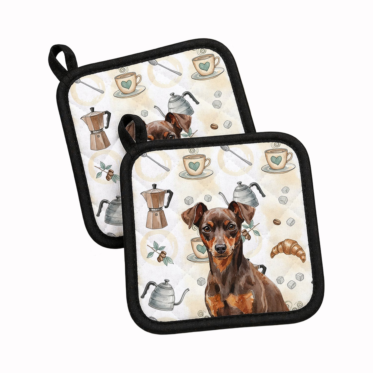 Chocolate and Rust Miniature Pinscher Min Pin Coffee Bar Pot Holder Set of 2 Heat Resistant Quilted Hot Pads 7.5 x 7.5 Inch, Insulated Kitchen Trivets for Cooking & Baking