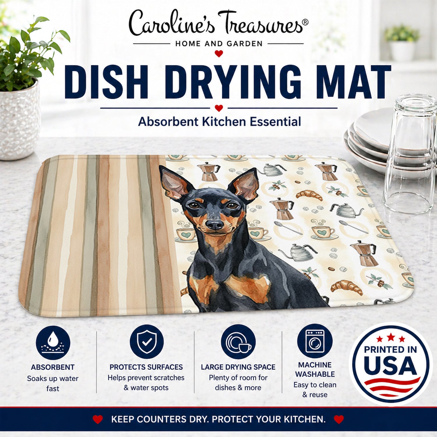 Black and Tan Miniature Pinscher Coffee Bar Dish Drying Mat Absorbent Dish Drying Mat Pad for Kitchen Counter Dish Drainer Mat for Countertop, 14 x 21", Multicolor
