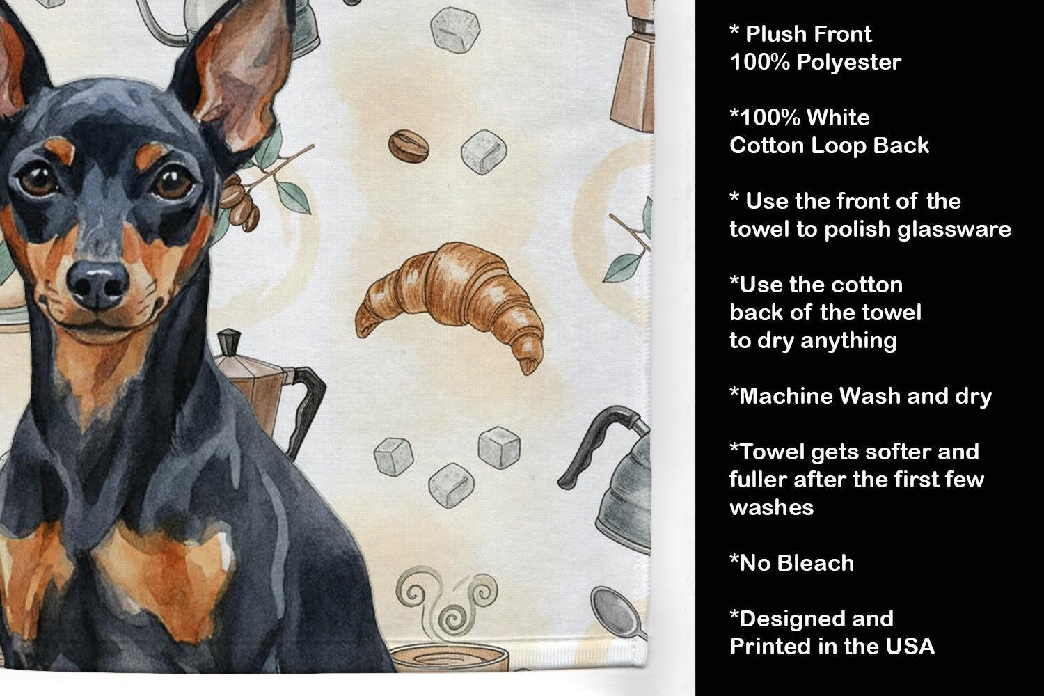 Black and Tan Miniature Pinscher Coffee Bar Kitchen Towel Velour Plush Front and Cotton Loop Back Machine Washable