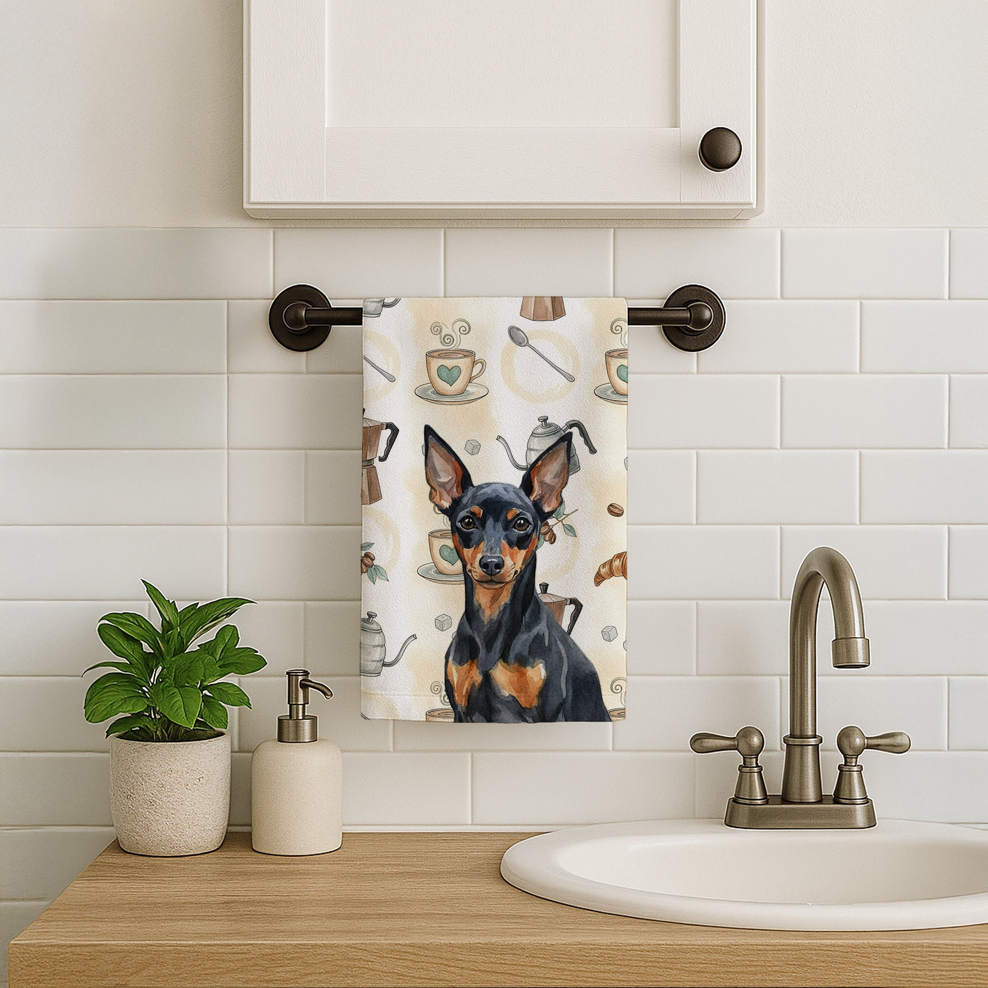 Black and Tan Miniature Pinscher Coffee Bar Kitchen Towel Velour Plush Front and Cotton Loop Back Machine Washable