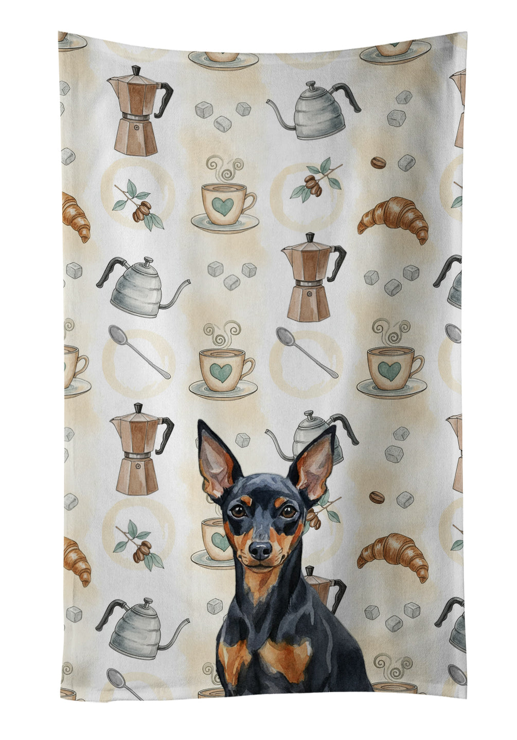 Black and Tan Miniature Pinscher Coffee Bar Kitchen Towel Velour Plush Front and Cotton Loop Back Machine Washable