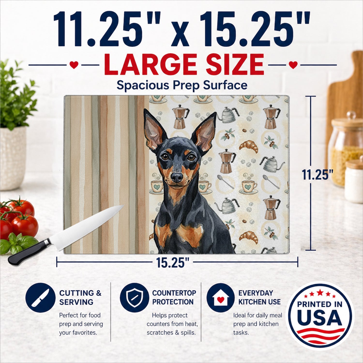 Black and Tan Miniature Pinscher Coffee Bar Cutting Board Tempered Glass Kitchen Cutting Surface, Heat Resistant Chopping, Non-Slip Feet, Food Prep & Serving