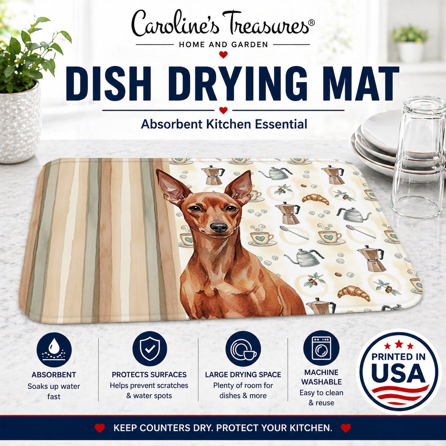 Red Miniature Pinscher Min Pin Coffee Bar Dish Drying Mat Absorbent Dish Drying Mat Pad for Kitchen Counter Dish Drainer Mat for Countertop, 14 x 21", Multicolor