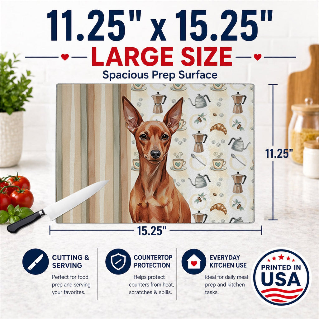 Red Miniature Pinscher Min Pin Coffee Bar Cutting Board Tempered Glass Kitchen Cutting Surface, Heat Resistant Chopping, Non-Slip Feet, Food Prep & Serving