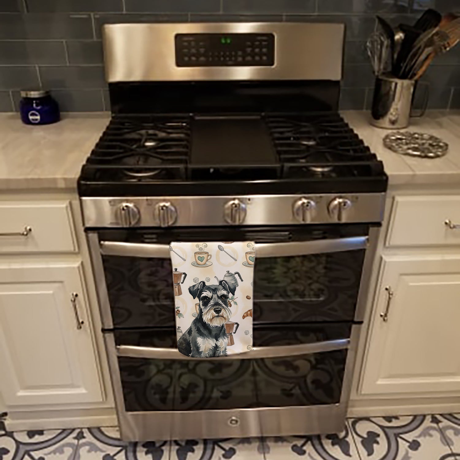 Black & Silver Miniature Schnauzer Coffee Bar Kitchen Towel Velour Plush Front and Cotton Loop Back Machine Washable