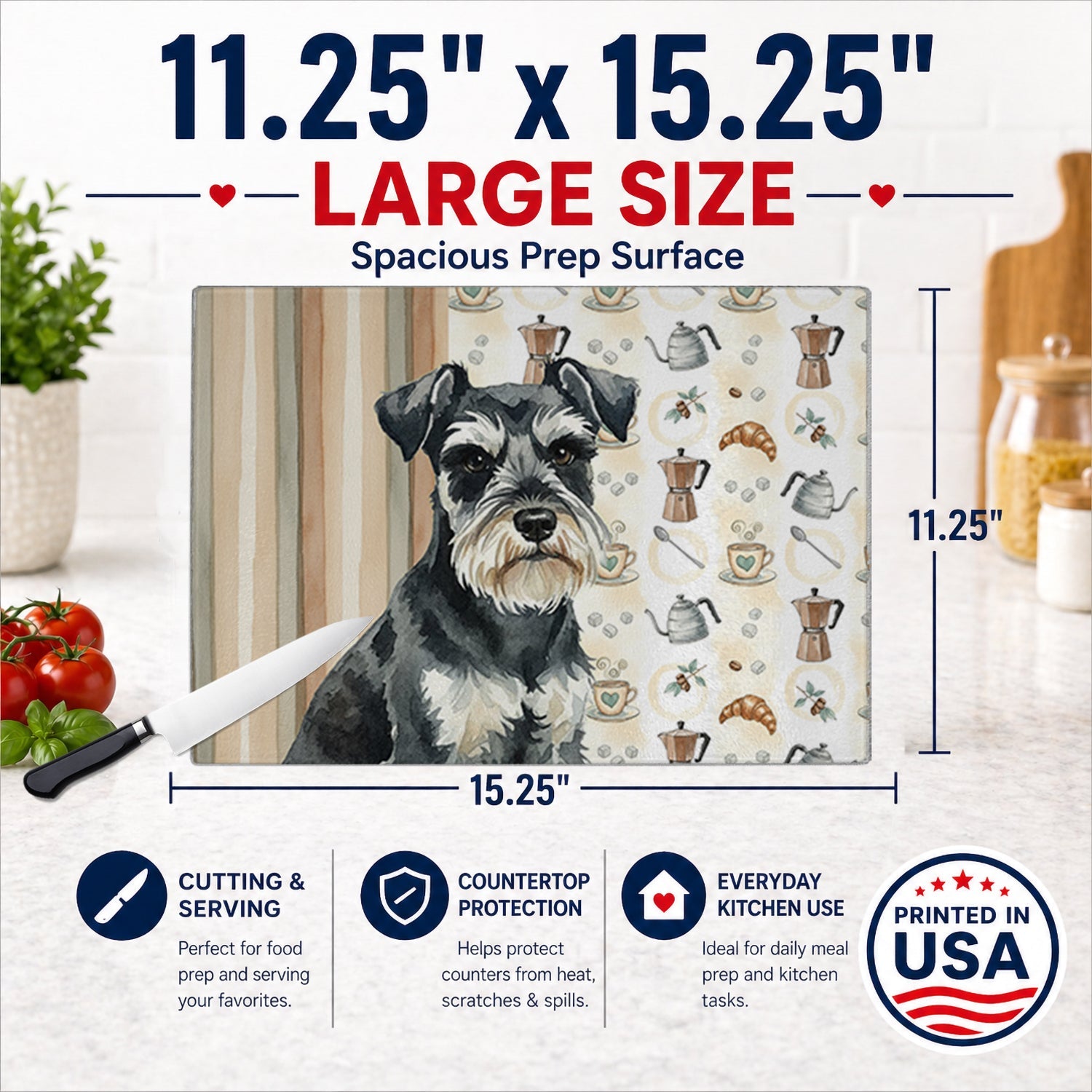 Black & Silver Miniature Schnauzer Coffee Bar Cutting Board Tempered Glass Kitchen Cutting Surface, Heat Resistant Chopping, Non-Slip Feet, Food Prep & Serving