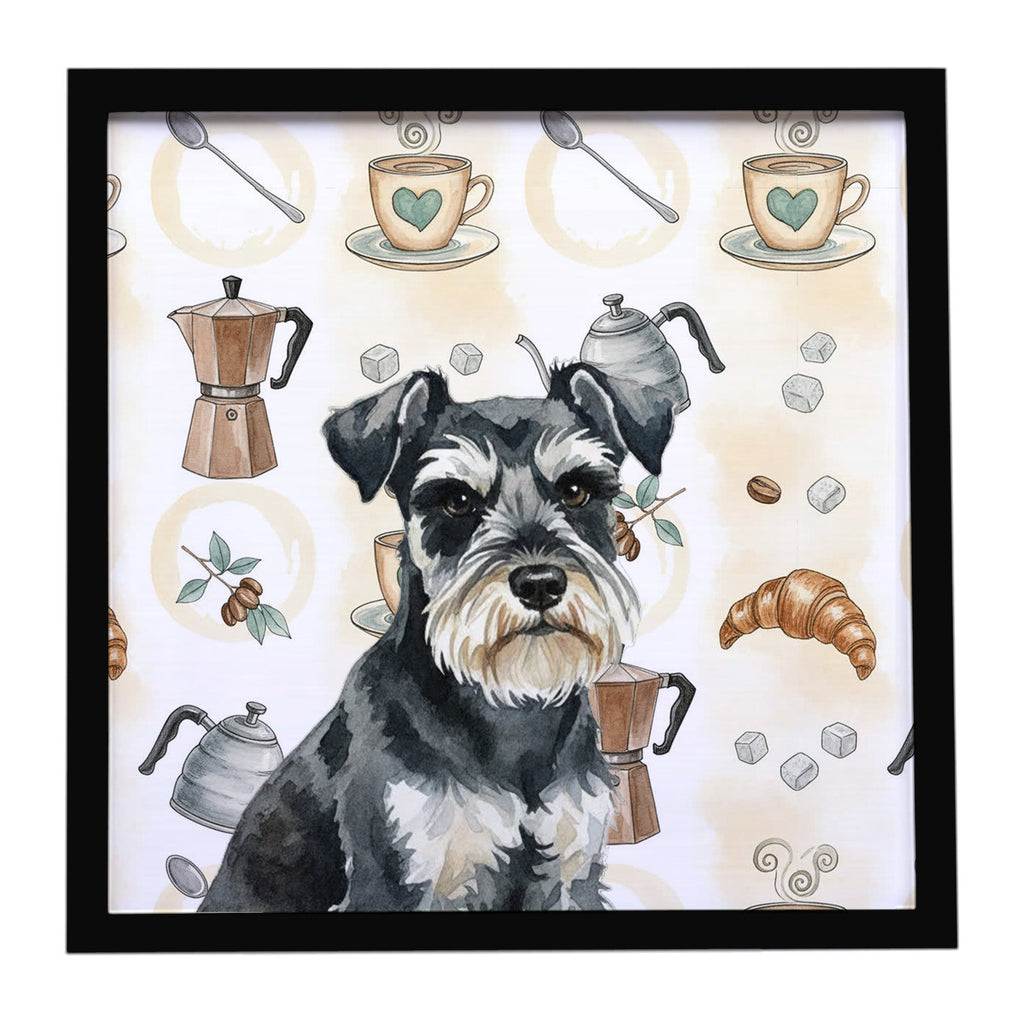 Black & Silver Miniature Schnauzer Coffee Bar Framed Metal Print Bathroom, Kitchen, Office, Home Decor Wall Art Ready to Hang, Square, 8X8