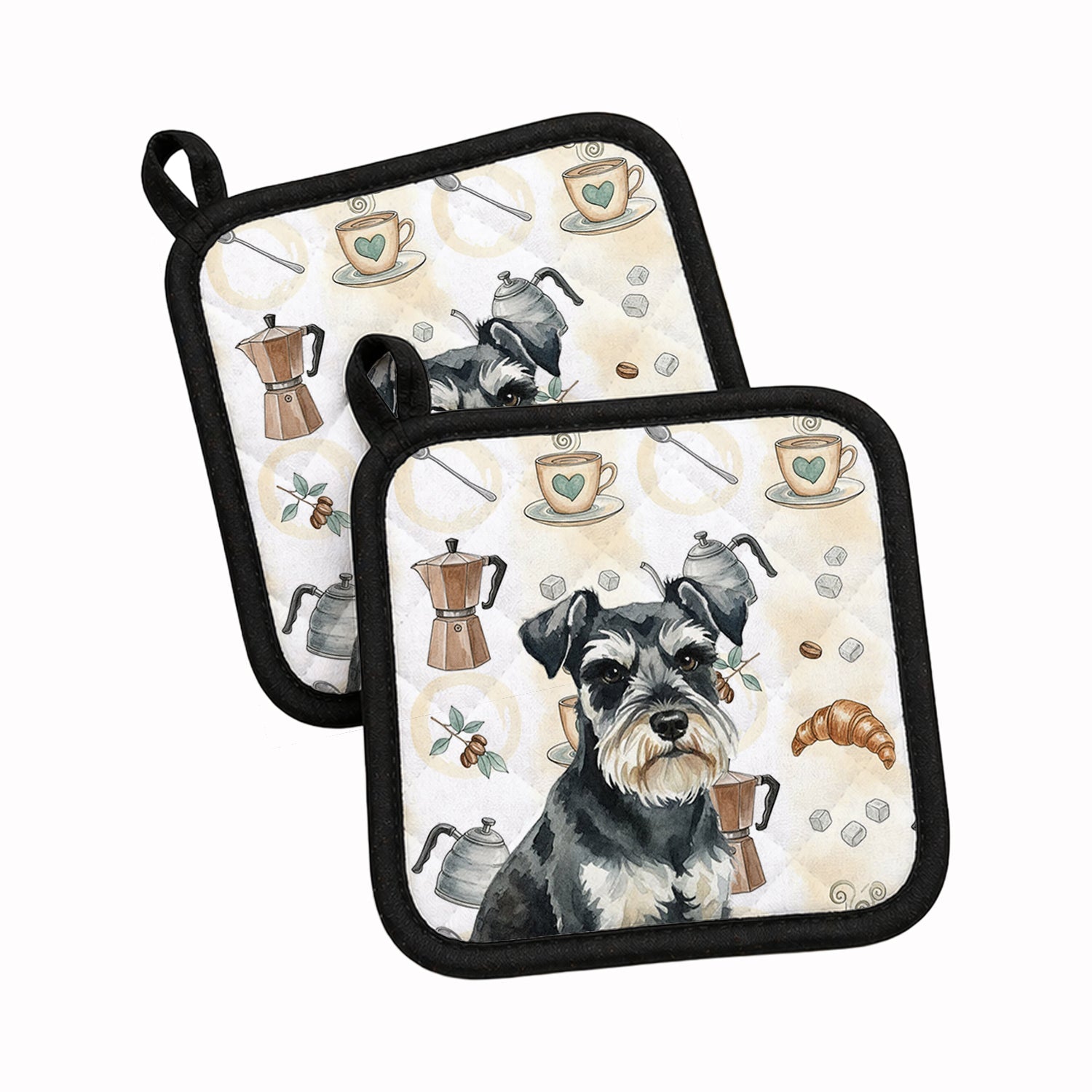 Black & Silver Miniature Schnauzer Coffee Bar Pot Holder Set of 2 Heat Resistant Quilted Hot Pads 7.5 x 7.5 Inch, Insulated Kitchen Trivets for Cooking & Baking