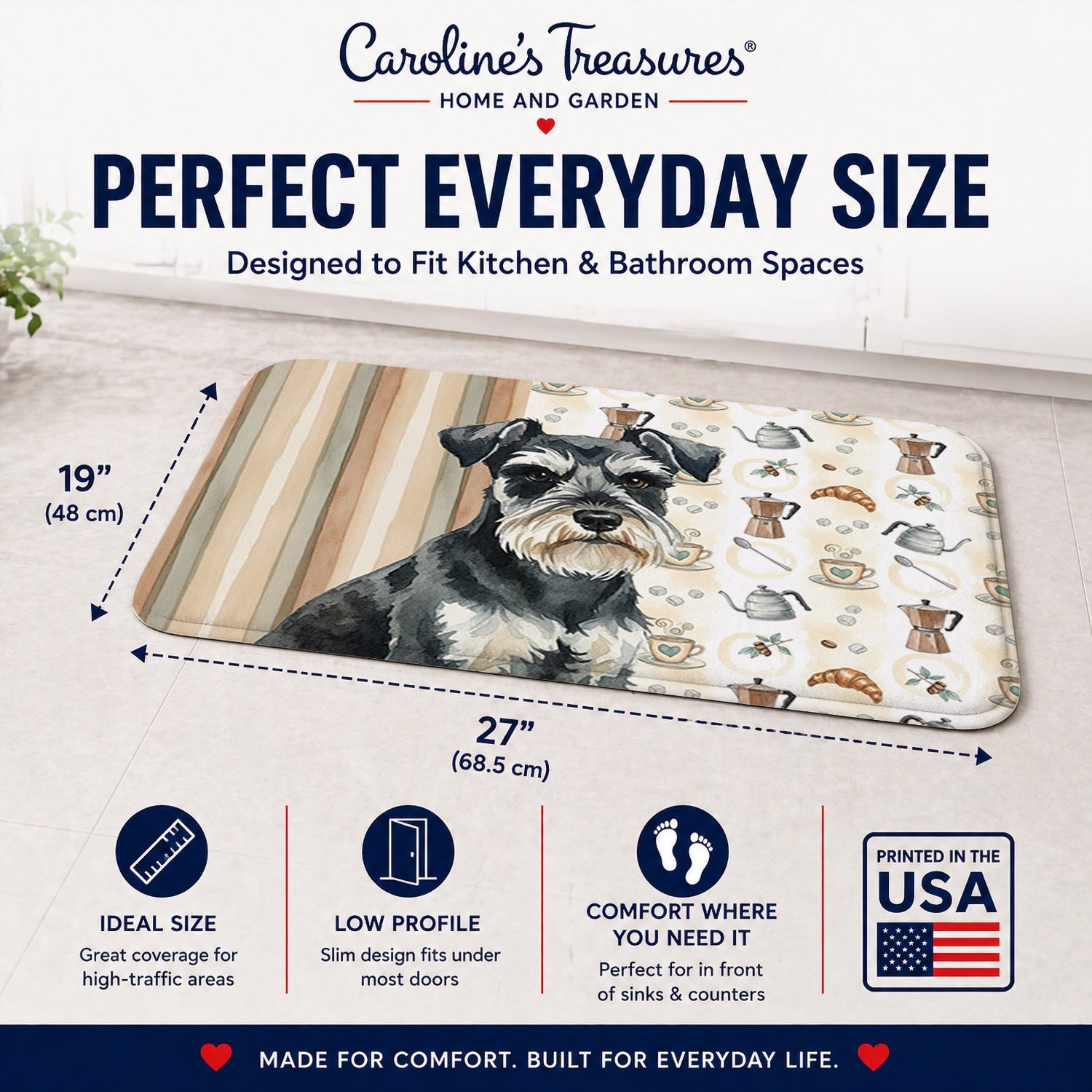 Black & Silver Miniature Schnauzer Coffee Bar Memory Foam Kitchen Mat Machine Washable Anti-Fatigue Cushion Comfort Bath or Kitchen Rug