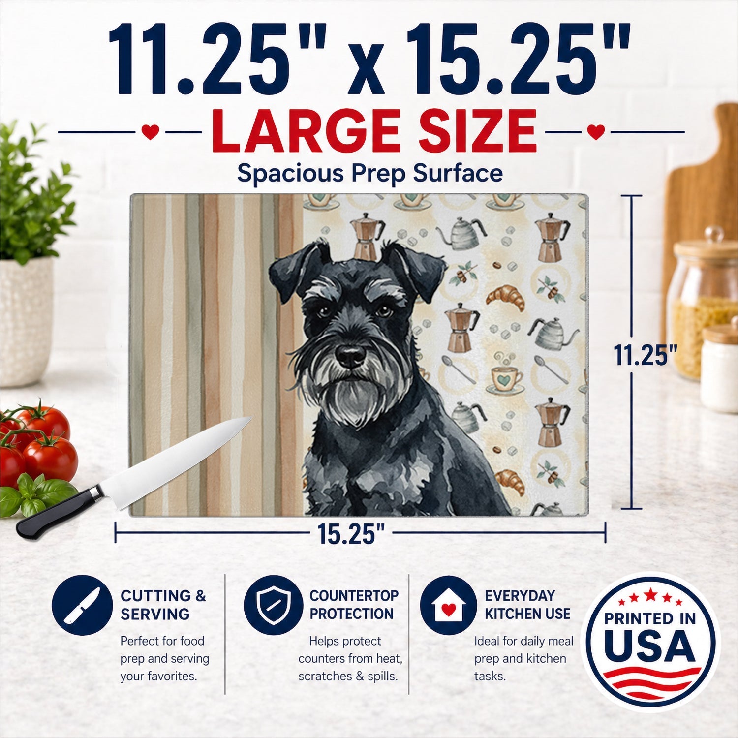 Black Miniature Schnauzer Coffee Bar Cutting Board Tempered Glass Kitchen Cutting Surface, Heat Resistant Chopping, Non-Slip Feet, Food Prep & Serving