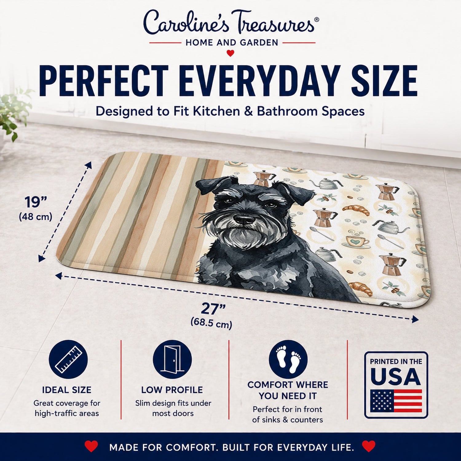 Black Miniature Schnauzer Coffee Bar Memory Foam Kitchen Mat Machine Washable Anti-Fatigue Cushion Comfort Bath or Kitchen Rug