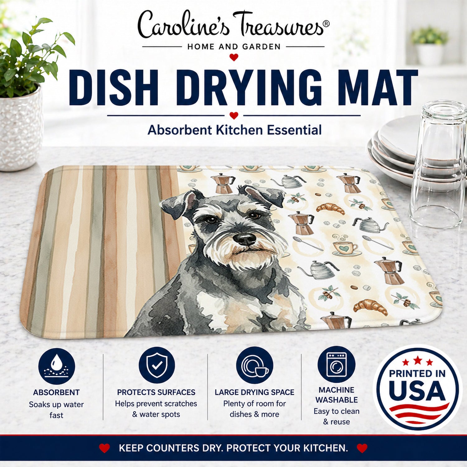 Miniature Schnauzer Coffee Bar Dish Drying Mat Absorbent Dish Drying Mat Pad for Kitchen Counter Dish Drainer Mat for Countertop, 14 x 21", Multicolor