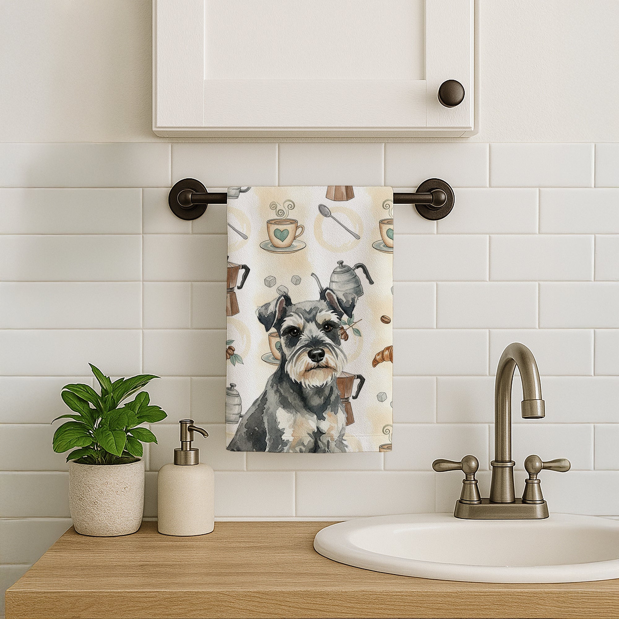 Miniature Schnauzer Coffee Bar Kitchen Towel Velour Plush Front and Cotton Loop Back Machine Washable