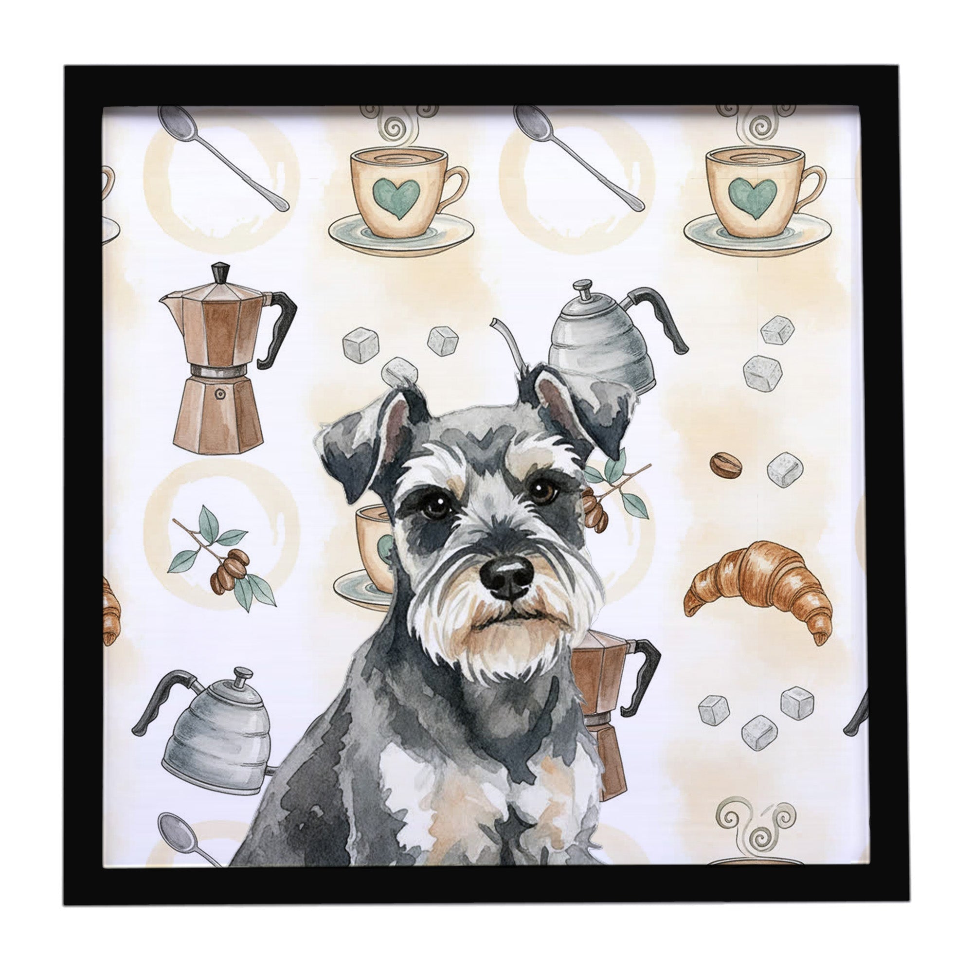 Miniature Schnauzer Coffee Bar Framed Metal Print Bathroom, Kitchen, Office, Home Decor Wall Art Ready to Hang, Square, 8X8