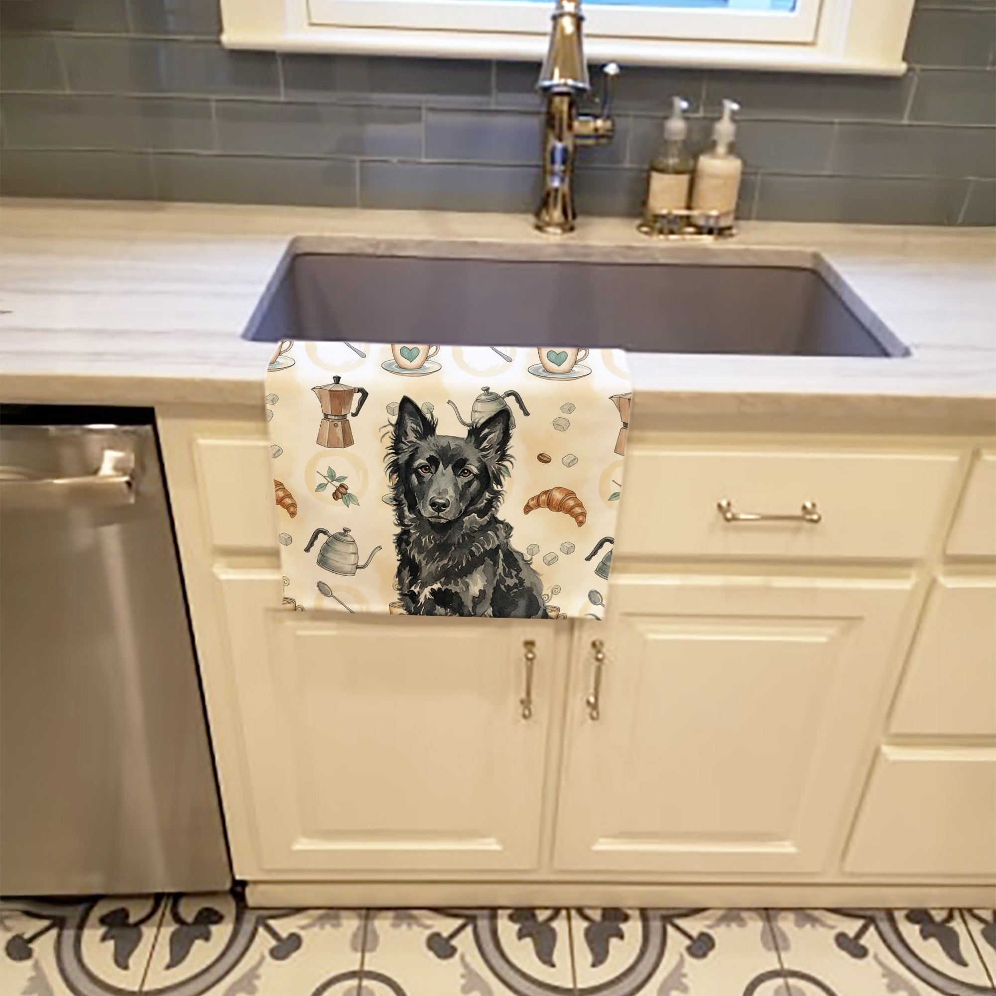 Mudi Coffee Bar Kitchen Towel Velour Plush Front and Cotton Loop Back Machine Washable