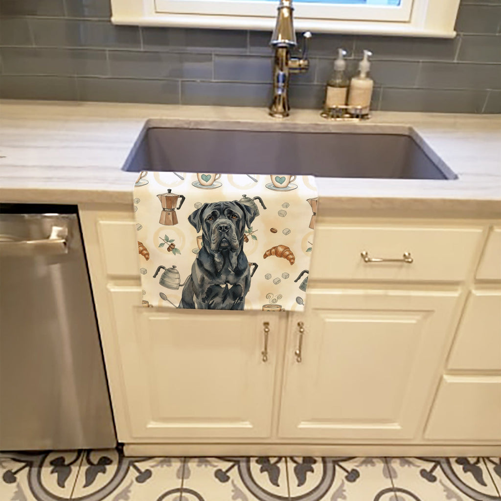 Black Neapolitan Mastiff Coffee Bar Kitchen Towel Velour Plush Front and Cotton Loop Back Machine Washable
