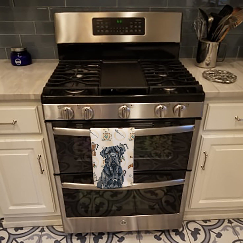 Black Neapolitan Mastiff Coffee Bar Kitchen Towel Velour Plush Front and Cotton Loop Back Machine Washable