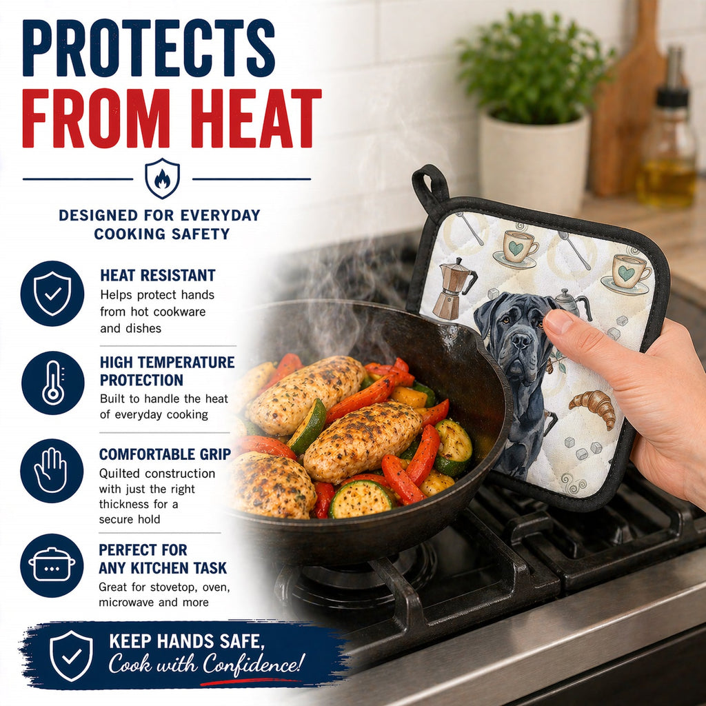 Black Neapolitan Mastiff Coffee Bar Pot Holder Set of 2 Heat Resistant Quilted Hot Pads 7.5 x 7.5 Inch, Insulated Kitchen Trivets for Cooking & Baking