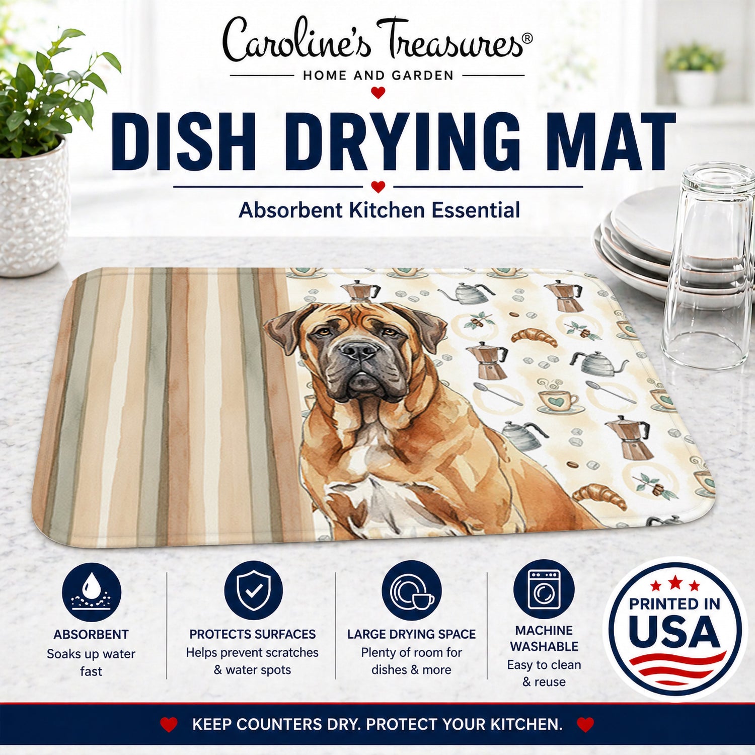 Neapolitan Mastiff Coffee Bar Dish Drying Mat Absorbent Dish Drying Mat Pad for Kitchen Counter Dish Drainer Mat for Countertop, 14 x 21", Multicolor