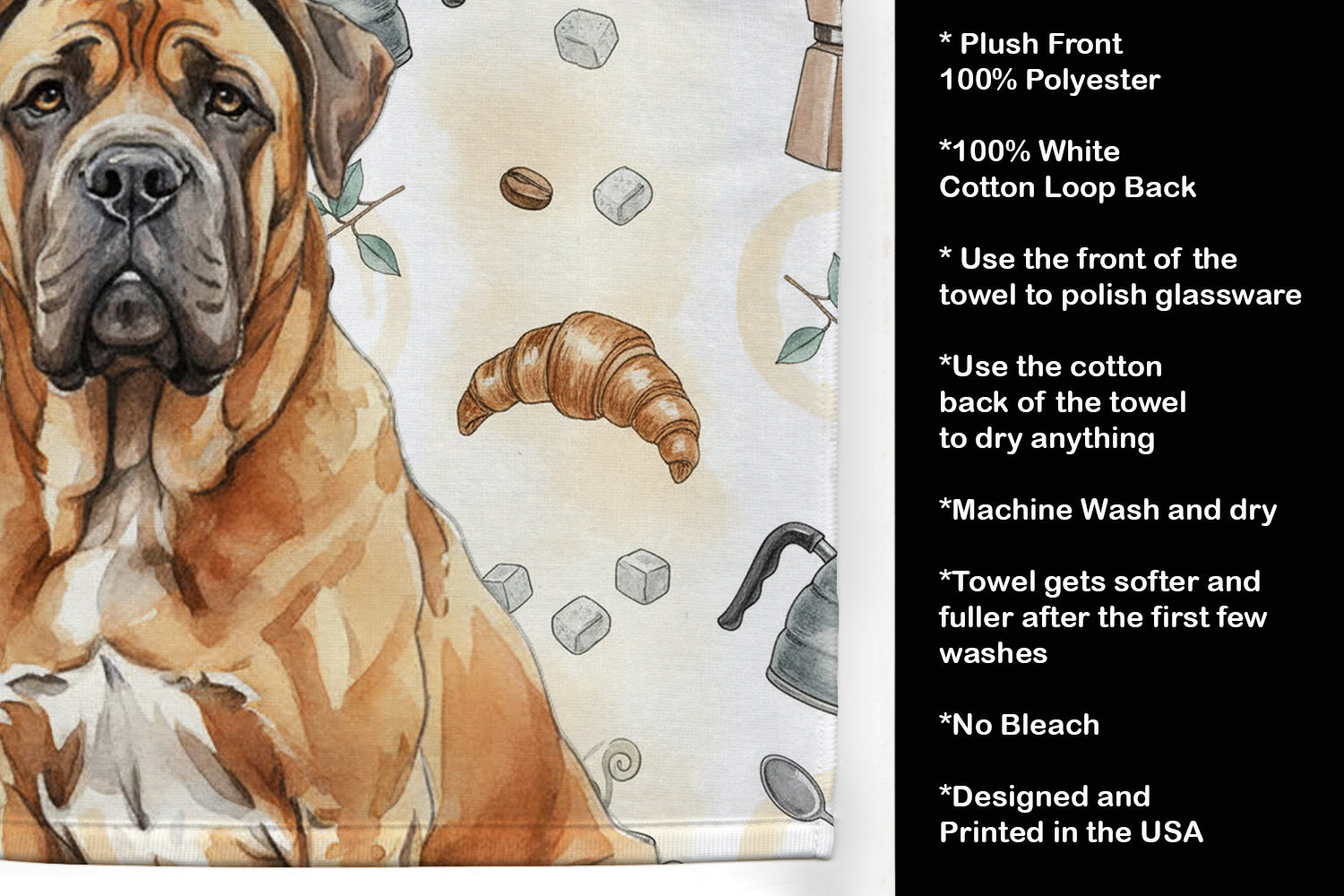 Neapolitan Mastiff Coffee Bar Kitchen Towel Velour Plush Front and Cotton Loop Back Machine Washable