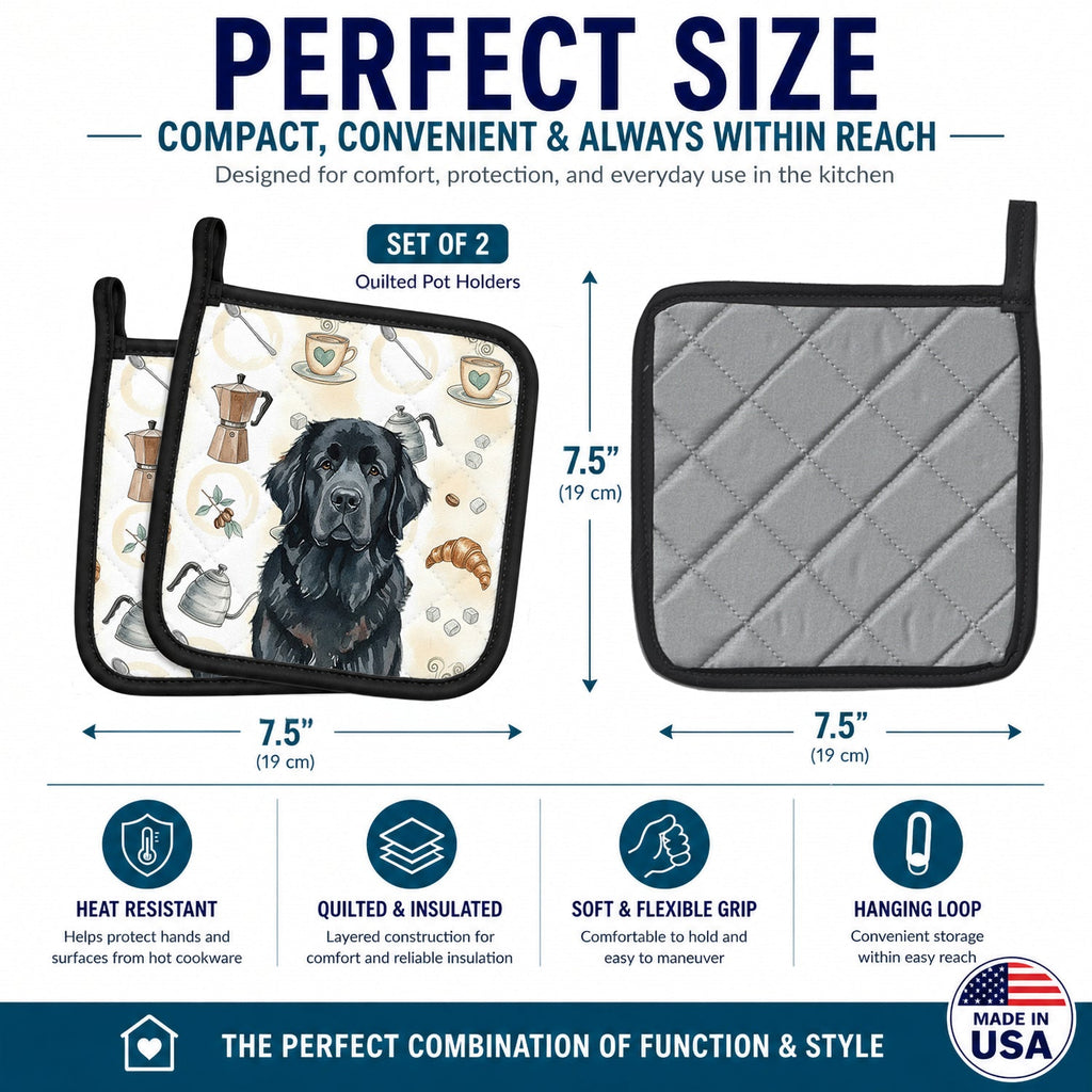 Black Newfoundland Coffee Bar Pot Holder Set of 2 Heat Resistant Quilted Hot Pads 7.5 x 7.5 Inch, Insulated Kitchen Trivets for Cooking & Baking