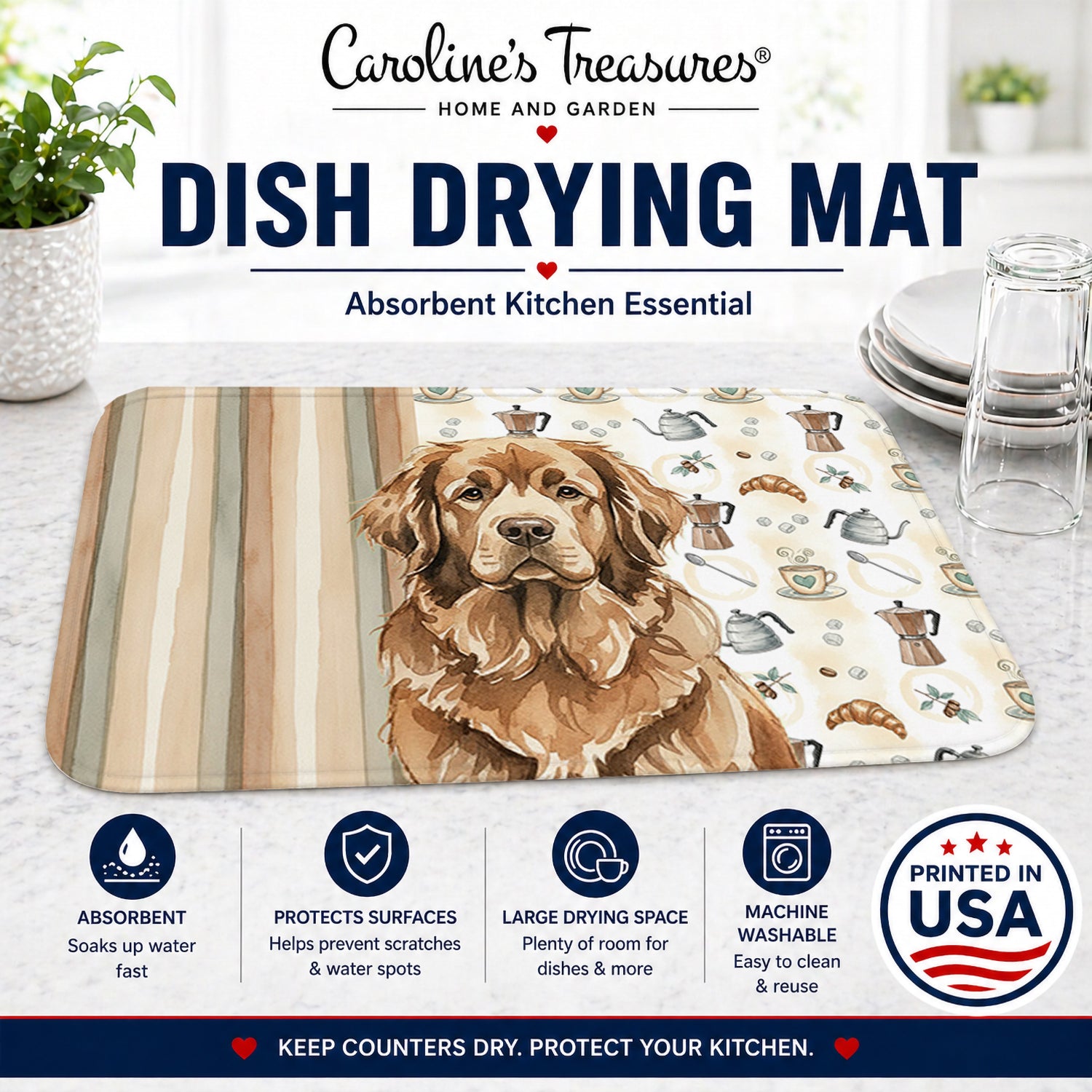 Brown Newfoundland Coffee Bar Dish Drying Mat Absorbent Dish Drying Mat Pad for Kitchen Counter Dish Drainer Mat for Countertop, 14 x 21", Multicolor