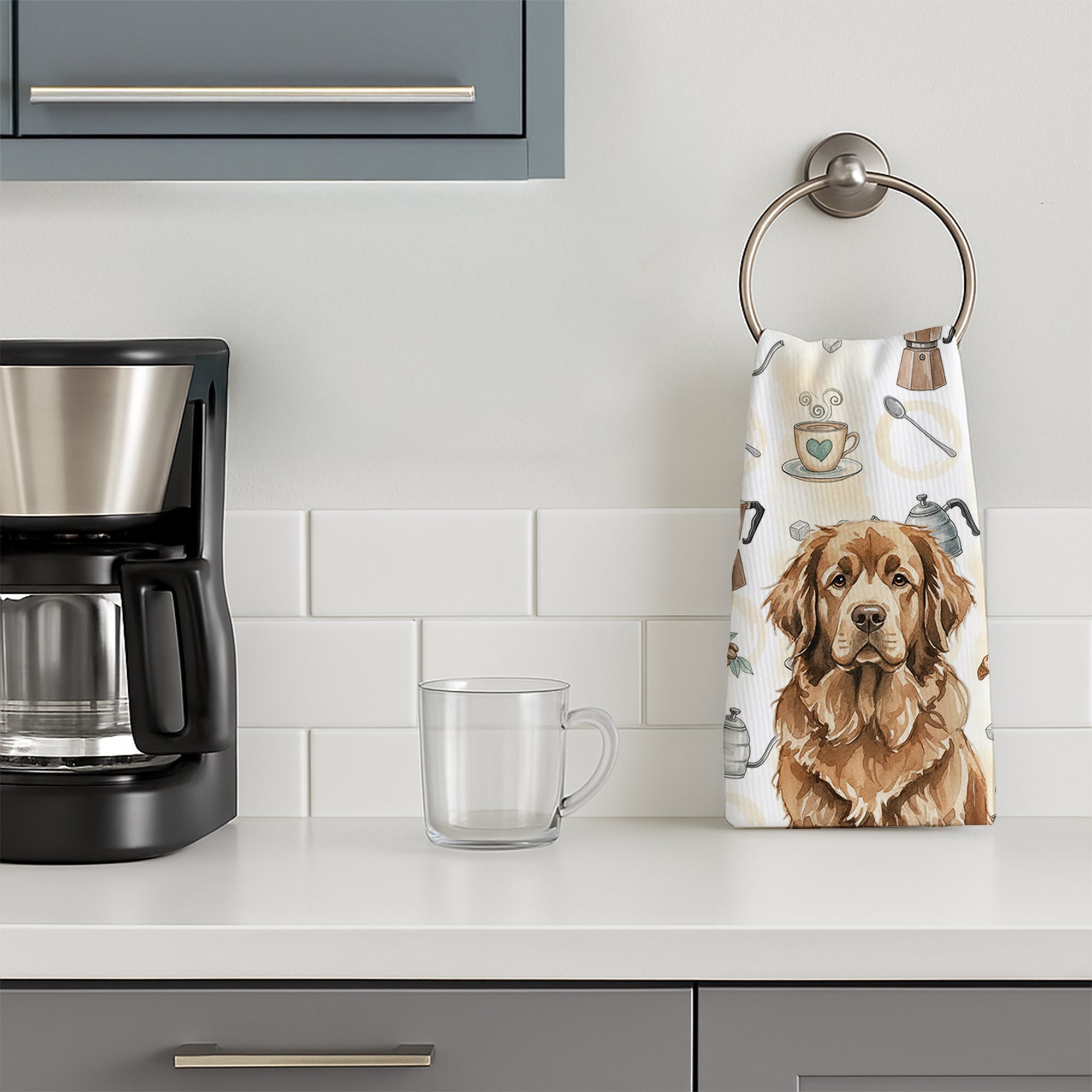 Brown Newfoundland Coffee Bar Kitchen Towel Velour Plush Front and Cotton Loop Back Machine Washable