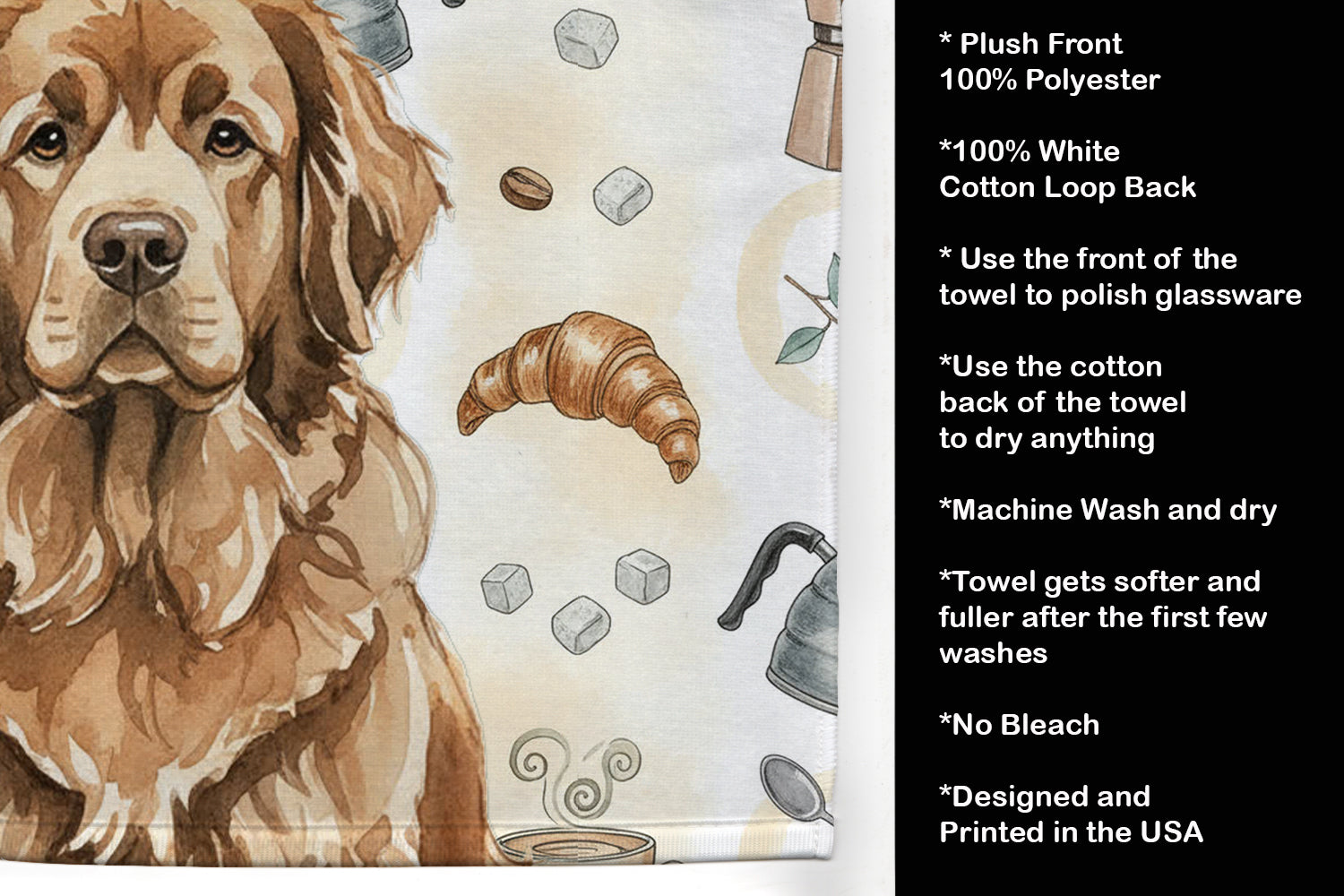 Brown Newfoundland Coffee Bar Kitchen Towel Velour Plush Front and Cotton Loop Back Machine Washable