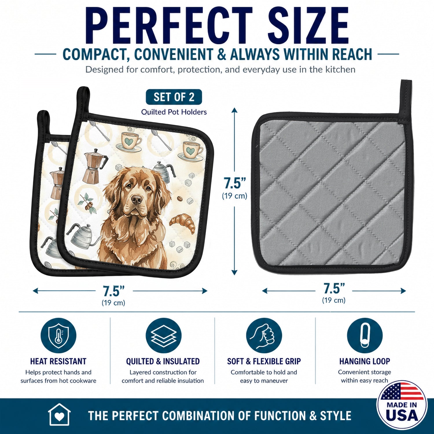 Brown Newfoundland Coffee Bar Pot Holder Set of 2 Heat Resistant Quilted Hot Pads 7.5 x 7.5 Inch, Insulated Kitchen Trivets for Cooking & Baking