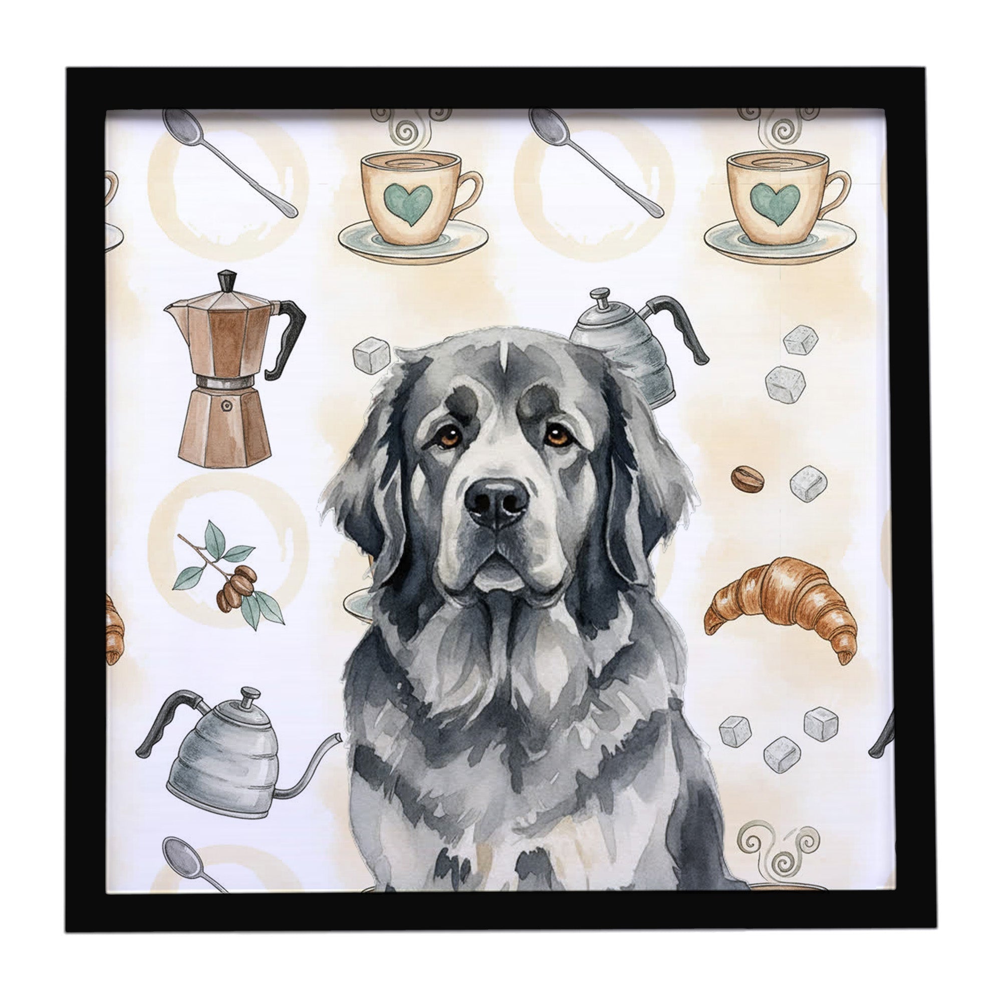 Gray Newfoundland Coffee Bar Framed Metal Print Bathroom, Kitchen, Office, Home Decor Wall Art Ready to Hang, Square, 8X8