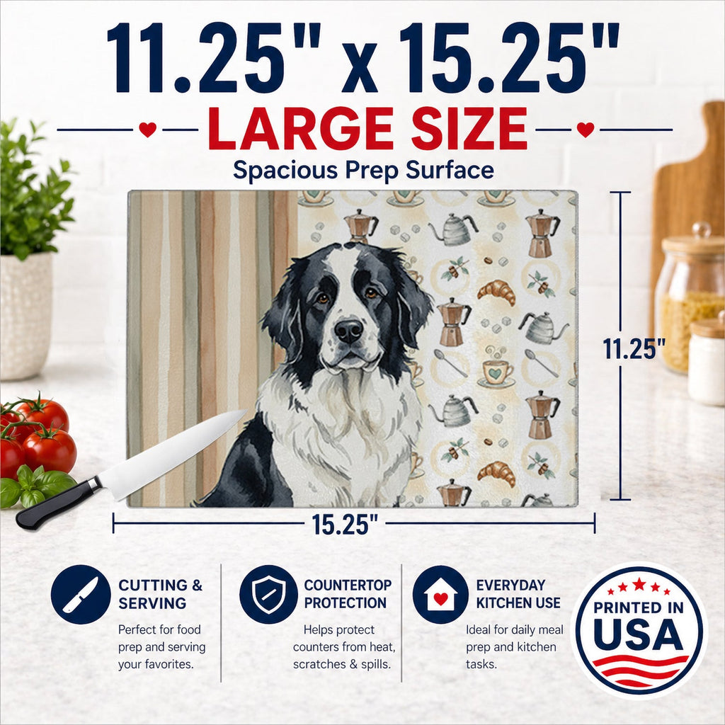 Landseer Newfoundland Coffee Bar Cutting Board Tempered Glass Kitchen Cutting Surface, Heat Resistant Chopping, Non-Slip Feet, Food Prep & Serving