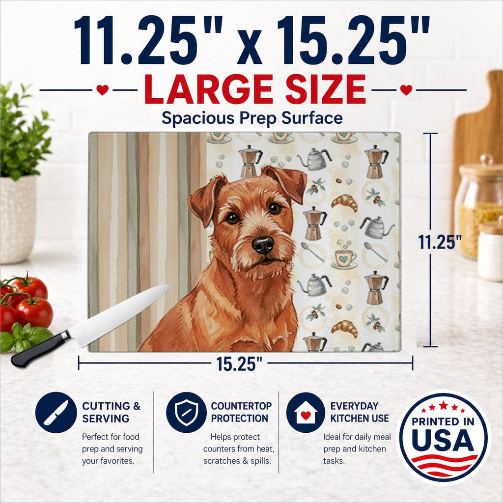 Red Norfolk Terrier Coffee Bar Cutting Board Tempered Glass Kitchen Cutting Surface, Heat Resistant Chopping, Non-Slip Feet, Food Prep & Serving