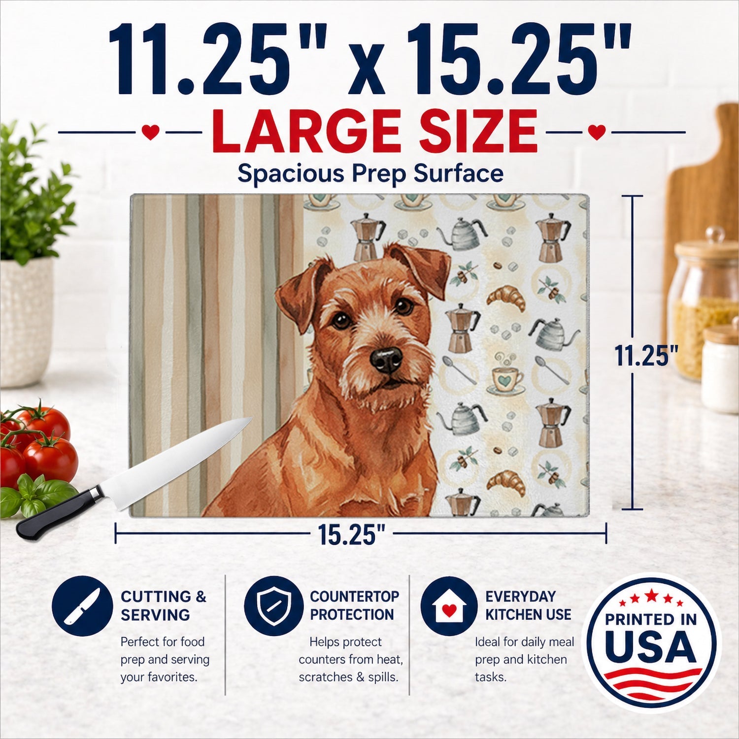 Red Norfolk Terrier Coffee Bar Cutting Board Tempered Glass Kitchen Cutting Surface, Heat Resistant Chopping, Non-Slip Feet, Food Prep & Serving